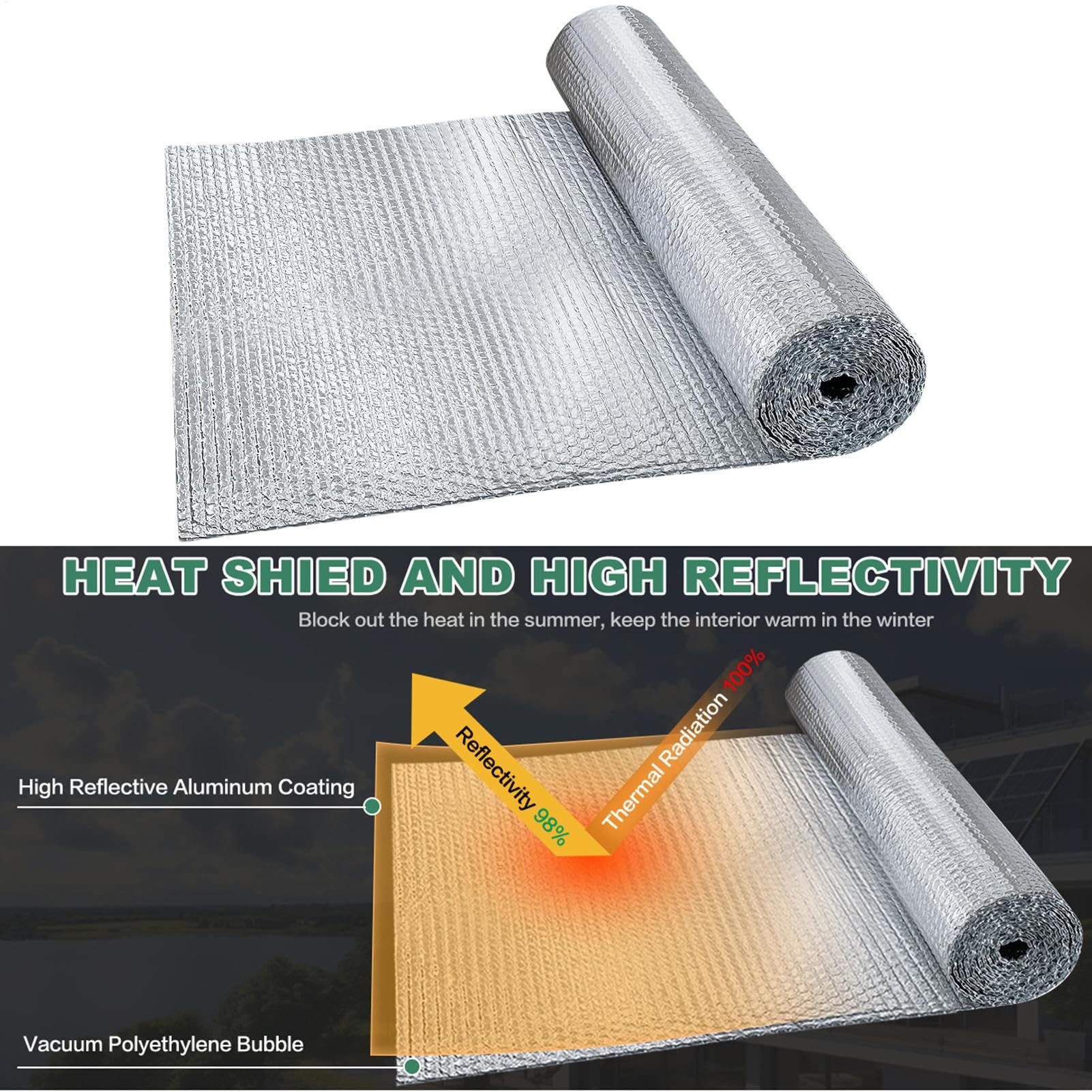 Aislamiento de película reflectante – Película aislante térmica de burbujas impermeable para el aislamiento – Película corrugada para el aislamiento en forma de rollo | Para autocaravanas