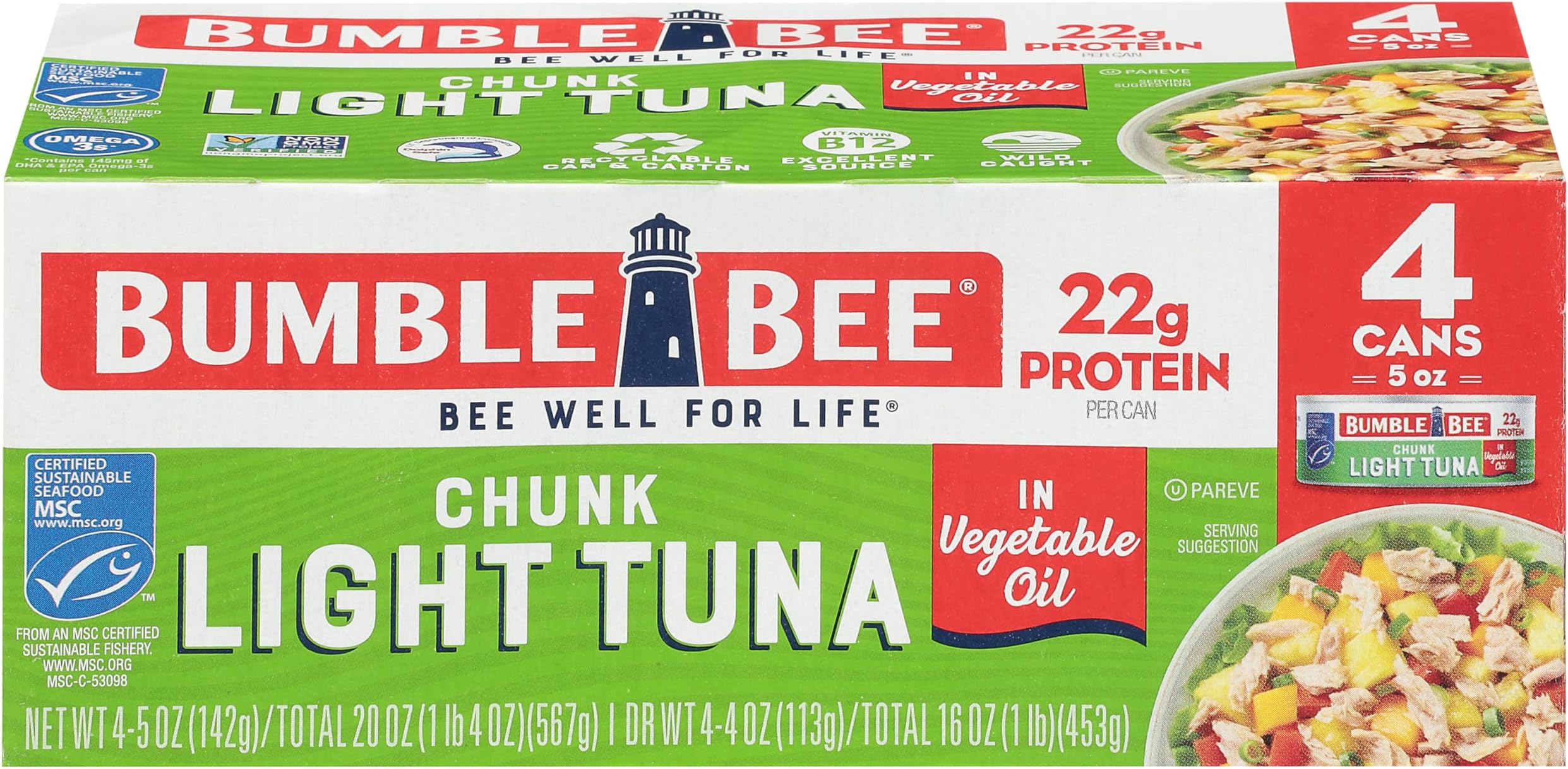 Bumble Bee Chunk Light Tuna In Oil, 5 oz Cans (Pack of 4) - Wild Caught Skipjack Tuna - 22g Protein Per Serving - MSC Certified Sustainable Seafood, Non-GMO, Gluten Free, Kosher