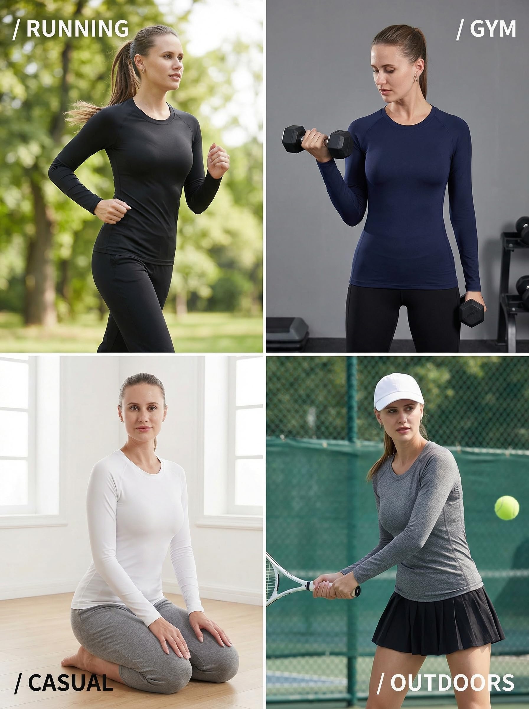 YUSHOW Pack de 3 camisetas de compresión para mujer, de manga larga, funcionales, deportivas, para correr, gimnasio, correr