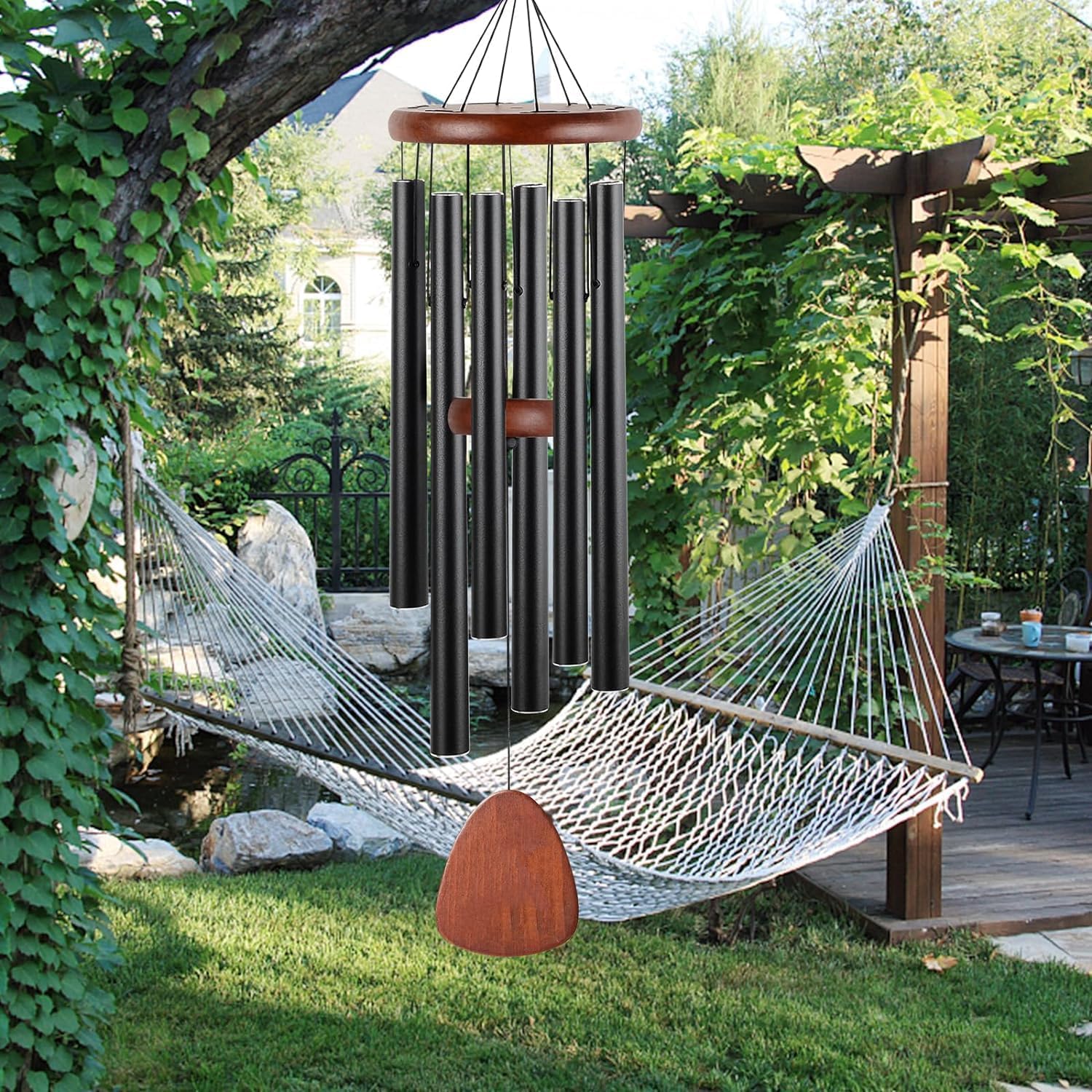 Scacciapensieri in alluminio, 107 cm, 6 tubi in metallo, per esterni, giardino, terrazza, decorazione con parasole, colore nero classico