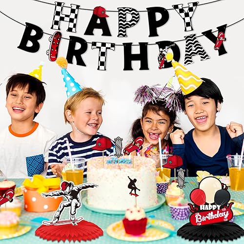 Miniatura 7 de Outus 34 piezas de decoración de fiesta de patineta de cumpleaños, suministros de fiesta de cumpleaños, centros de mesa, decoración de cupcakes para