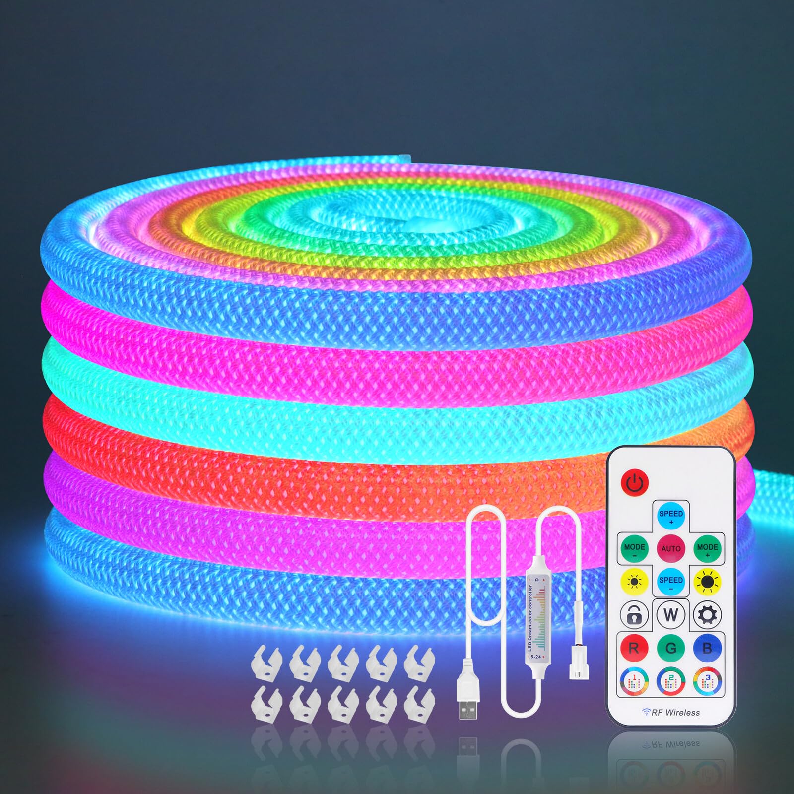 KAFULA 360° Glowing Round Tube LED Neon Light Strip, USB Powered, WS2812B 1M RGB Color Changing LED Light Strip with Remote Control, IP67 Waterproof Flexible, Home DIY Decoration