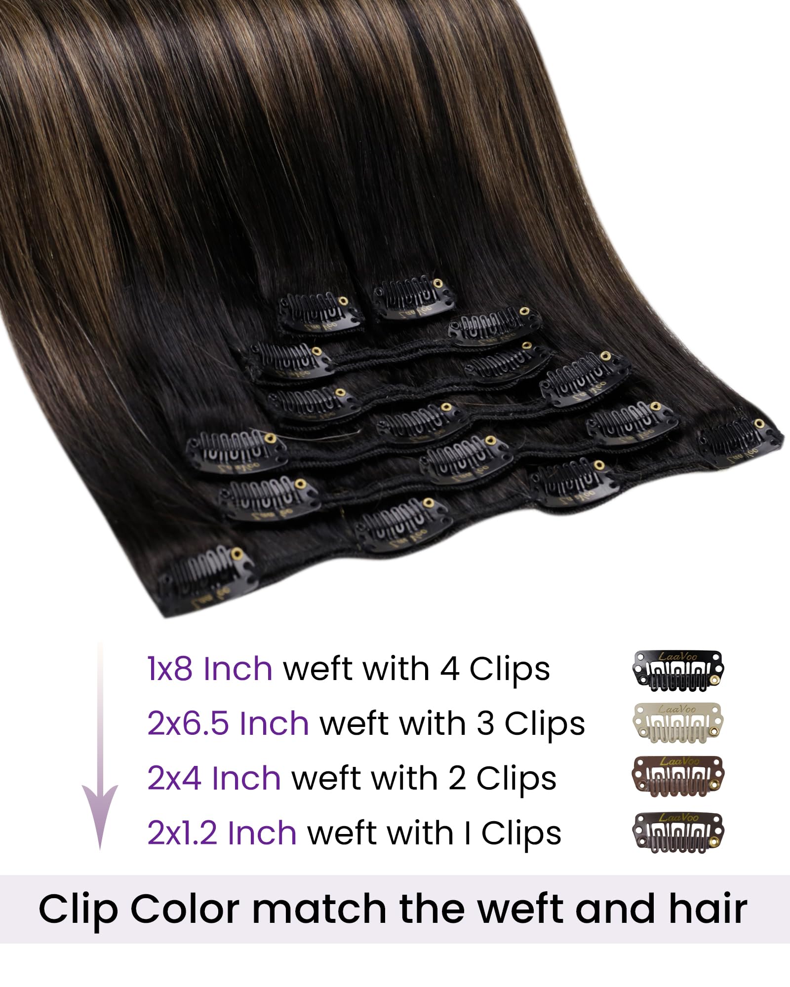 LaaVoo Clip in Hair Extensions Real Human Hair Black Hair Extensions Clip in Straight Balayage Light Brown & Blonde Remy Hair Full Head Double Weft 80g 5pcs 12 Inch #1b/8/22 - Image 2