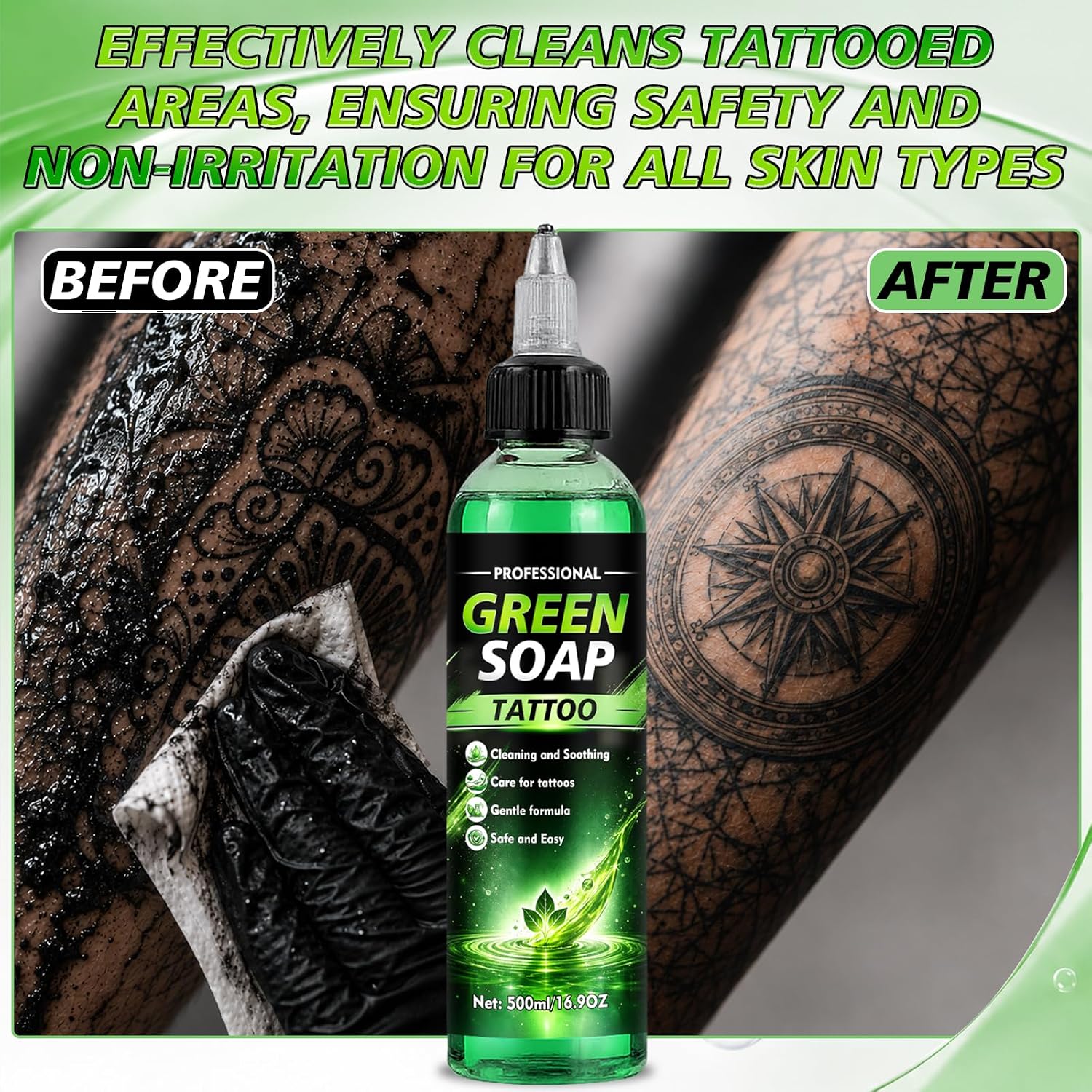 Green Soap Tattoo 4oz, Tattoo Cleanser with Foam Bottle | Ultra Concentrated Skin Cleanser for Tattoos Piercings, Professional Supplies for Daily Tattoo Care & Cleaning