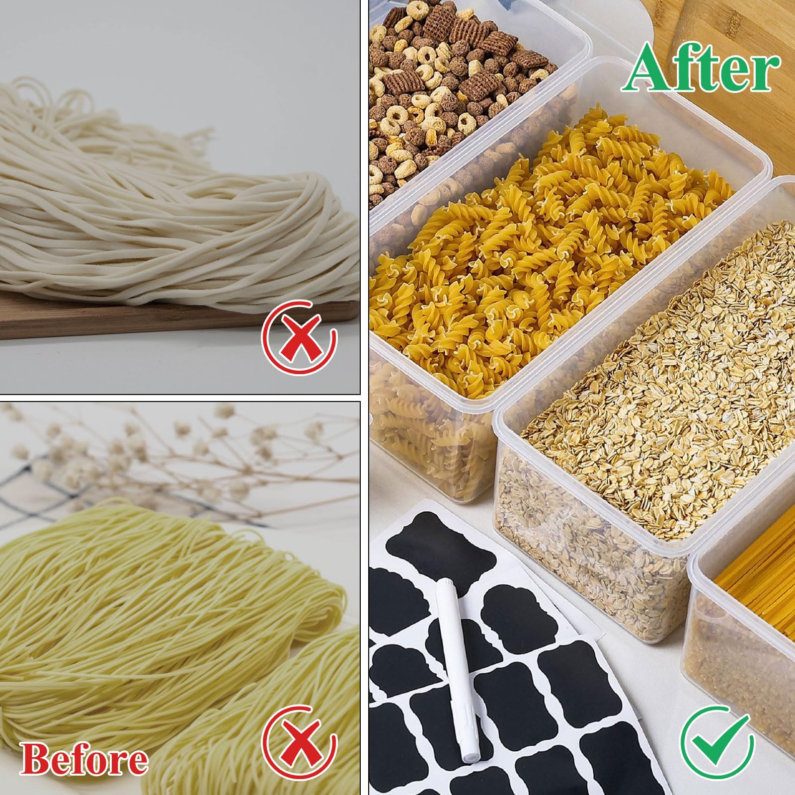 4 recipientes de almacenamiento de pasta, 27.4 x 13 x 11.7 pulgadas, recipientes de alimentos con tapas herméticas, recipientes de plástico para pasta con calcomanías, recipientes de cocina para