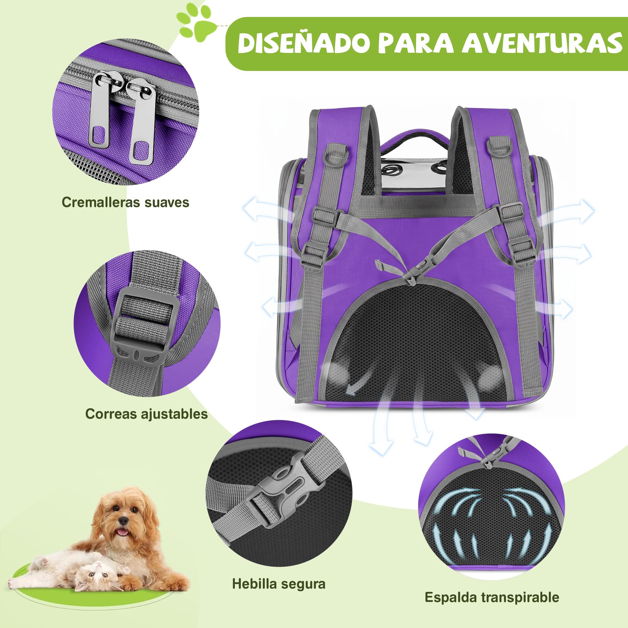 ALLSOPETS Mochila Gato y Perro, Transportín Plegable, Lavanda