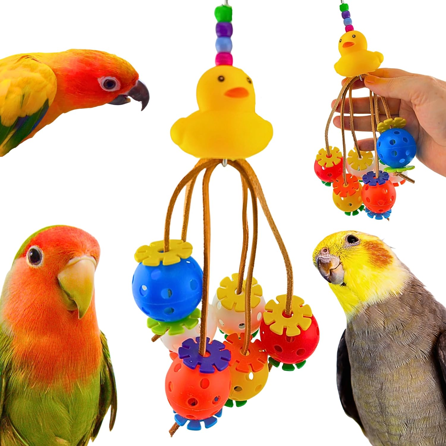 Bonka Bird Toys 2325 Ducky Spyder 9 x 2 Inches Plastic Leather and Acrylic Beads Foraging Climbing Toy for Small Bird Breeds Parakeet Lovebird Cockatiel Parrotlet and Conure Cage Use