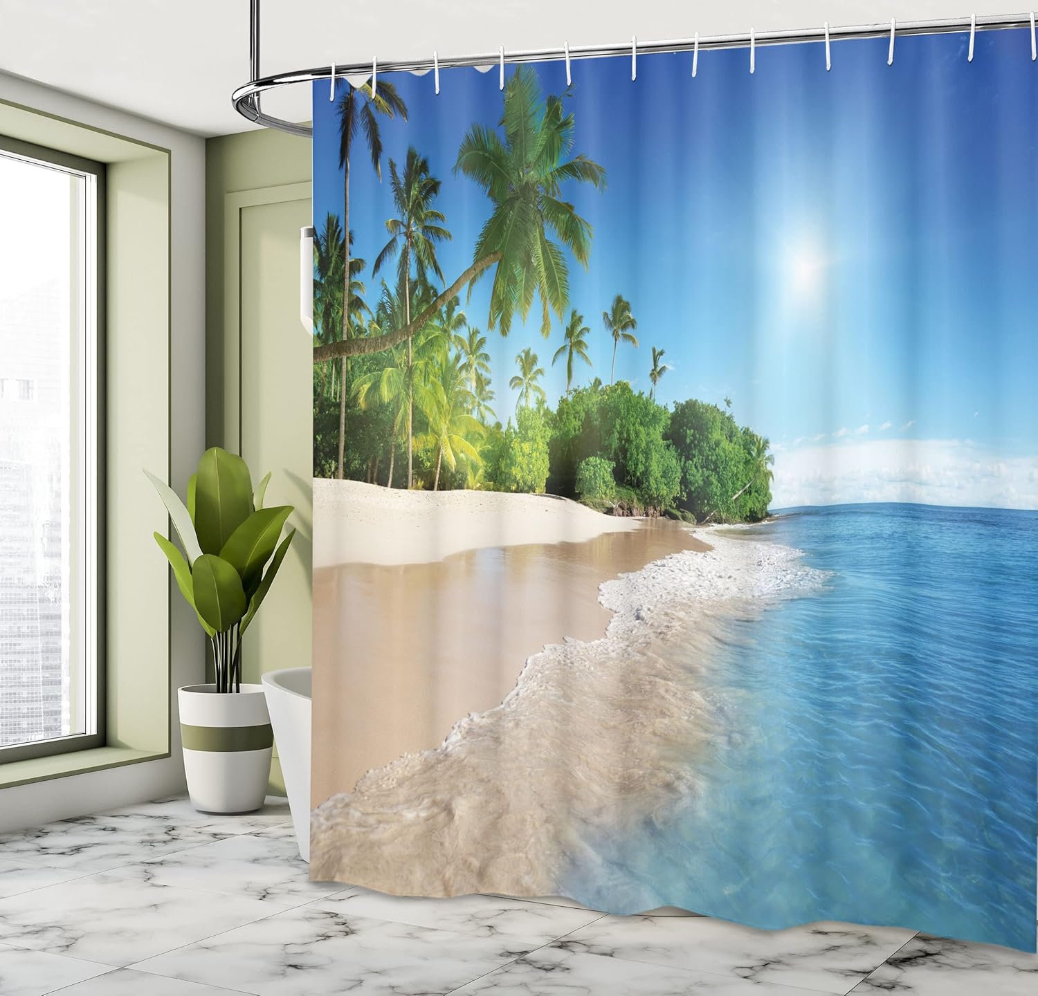 Ambesonne Tropic Shower Curtain, Ocean Tropical Palm Trees on Sunny Island Beach Scene Panoramic View Picture, Cloth Fabric Bathroom Decor Set with Hooks, 69" W x 70" L, White Green Blue