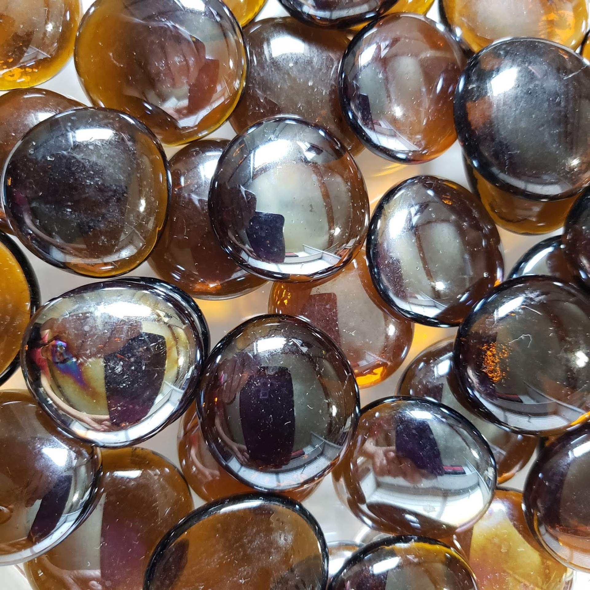 WeJe Glass Gems Jumbo Large 28-36 mm Flat Back Marbles for Home Decor Art Craft Vase Filler Aquarium Fish Tank Decoration (56oz (90-140 Pieces), Large Dark Amber Lustre)