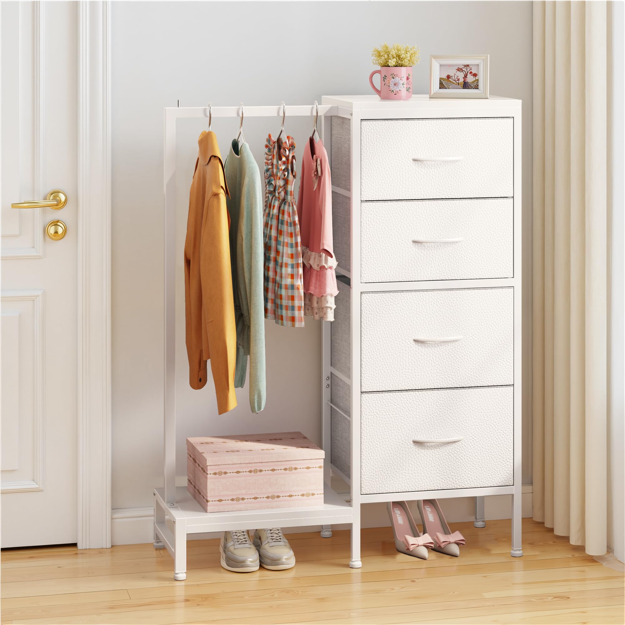 Commode avec Poches latérales et Crochets, Commode 4 Tiroirs en Tissu avec Barre Porte-Vêtements, 111 cm, Meuble de Rangement Multifonction pour Chambre, Salon, Entrée, Enfant, Blanc
