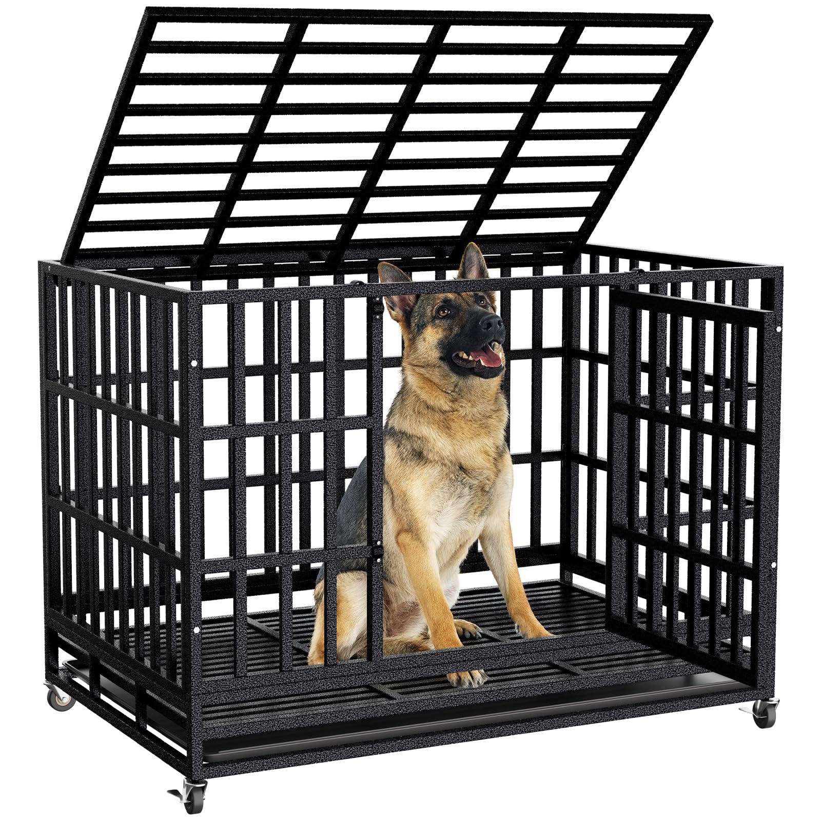Enhanced Heavy Duty Dog Kennel Crate Cage with Strong Metal Frame, Double Doors and Lockable Wheels, for Extra Large Dog Breeds, Pet Playpen (Square, 48 inch)