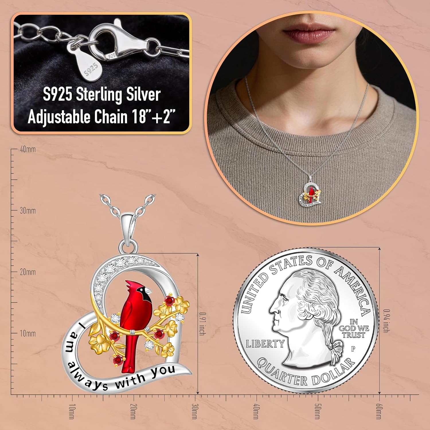 Fenthring Cardinal Necklace - S925 Sterling Silver - Red Cardinal Pendant Necklaces for Women Memorial Sympathy Red Bird Charms Mothers Day Christmas Gifts