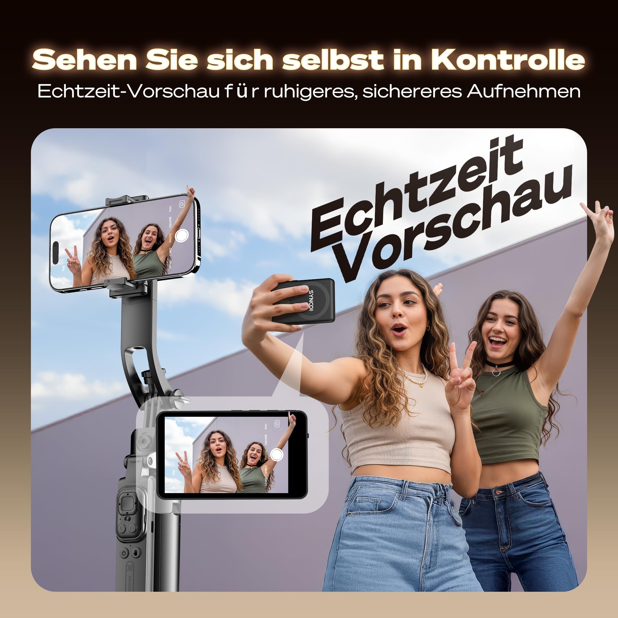 SYNCO XView Handy Selfie Monitor, Magnetischer Smartphone Vlog Bildschirm für iPhone & Android Rückkamera Kabellos 50M 3H Akku, mit Lautsprecher für TikTok YouTube Livestream (Schwarz)