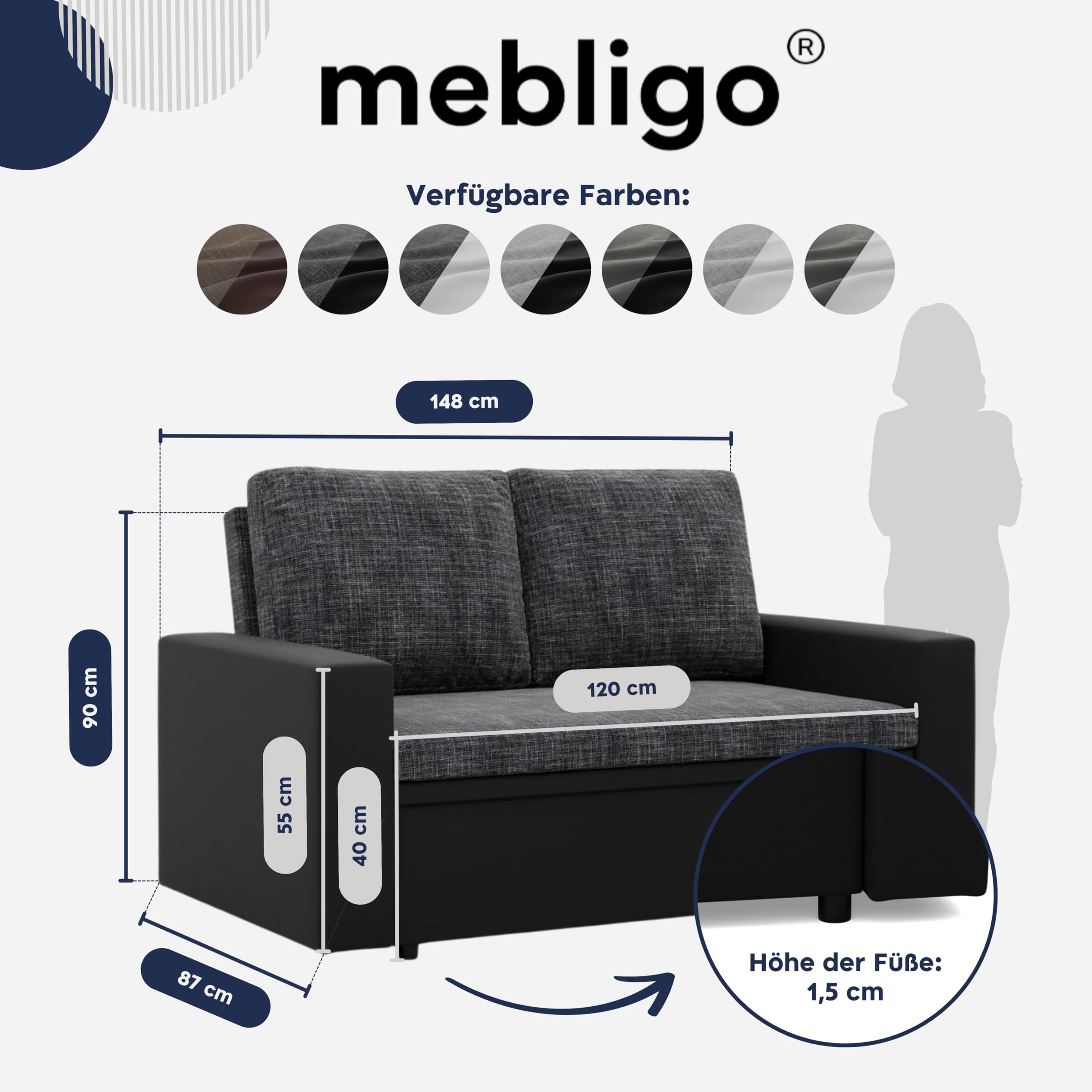 Mebligo - Zweisitzer Sofa Wohnzimmer mit Schlaffunktion, Bettkasten und Kunsteleder 148x90x87 (BxHxT) Dunkelgrau und Schwarz Luna, Schlafsofa Platzsparend, Schlafcouch, Sofabett, Sofa Bed, Bettsofa