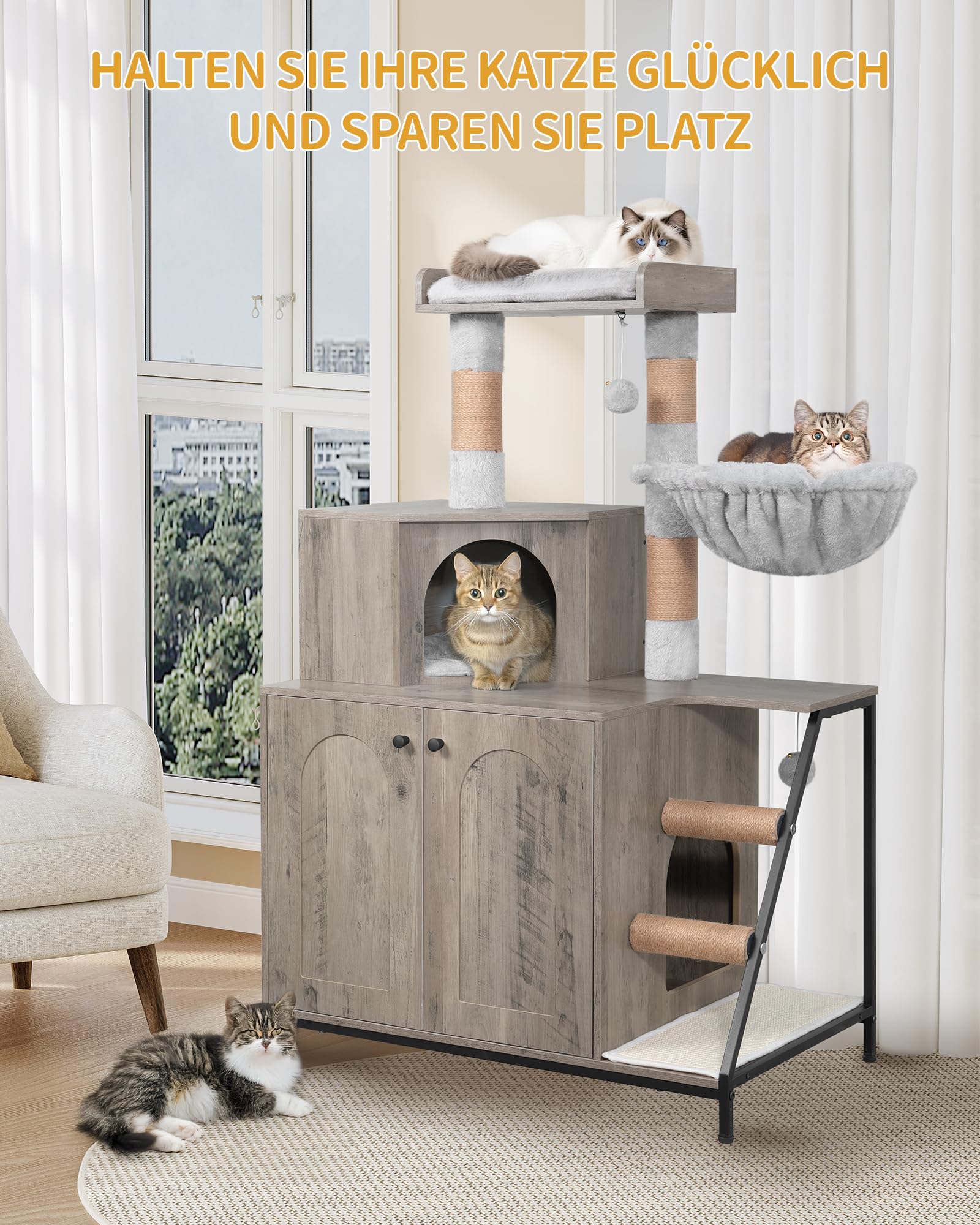 Hzuaneri Kratzbaum mit Katzenklo-Schrank, Katzenschrank, 4-in-1 Modernes Katzenhaus mit Großer Plattform, Katzenhaus mit Sisal-Kratzmatte, Pfosten, Treppe und Pompom, Waschbare Kissen, Greige CB81005B