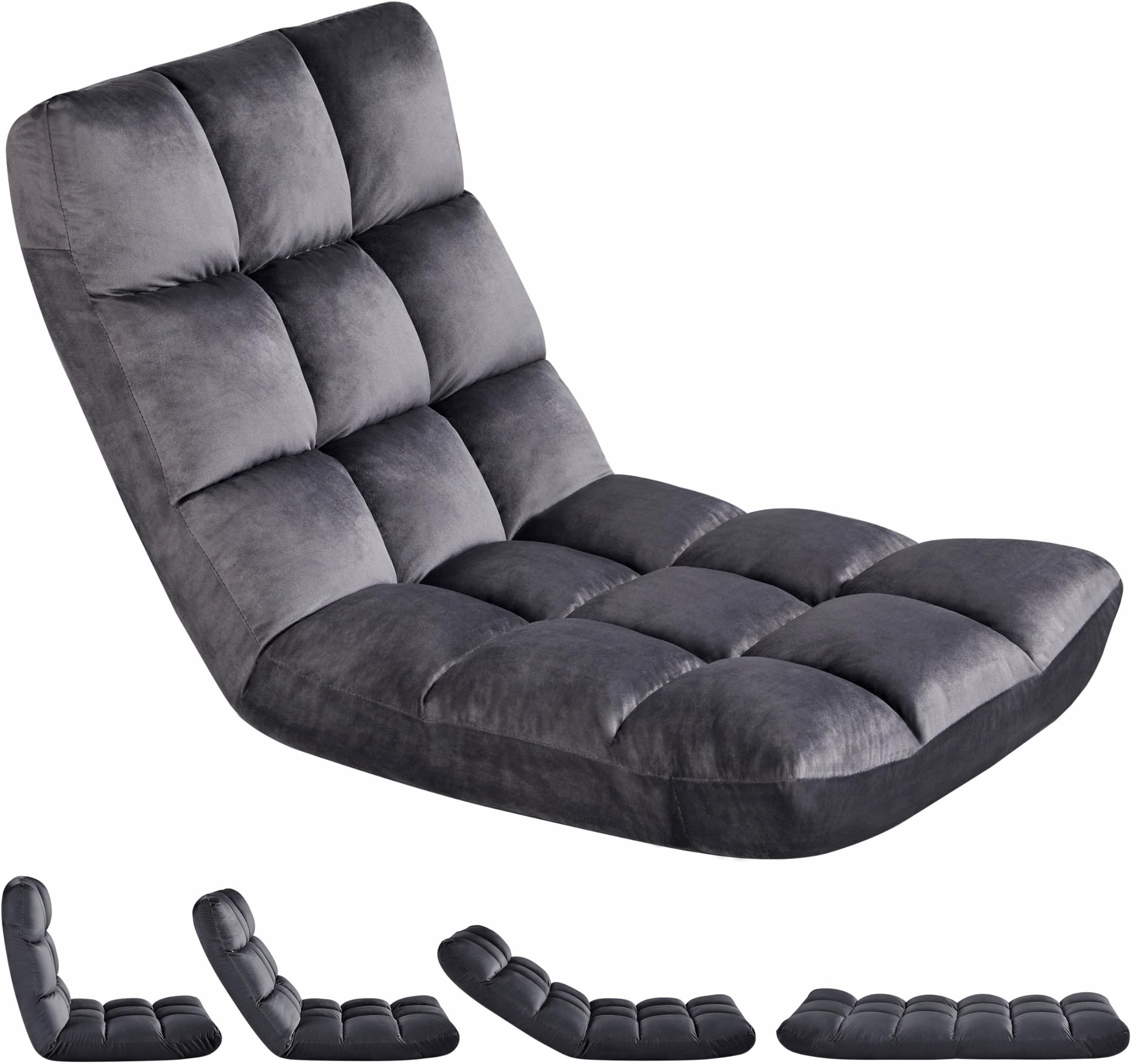 Floor Folding Chair with Back Support, Padded Folding Gaming Sofa Chair with 14 Adjustable Backrest, Adults Couch Recliner, Floor Seating Lounge Chair, Armless Meditation Chair, Gray
