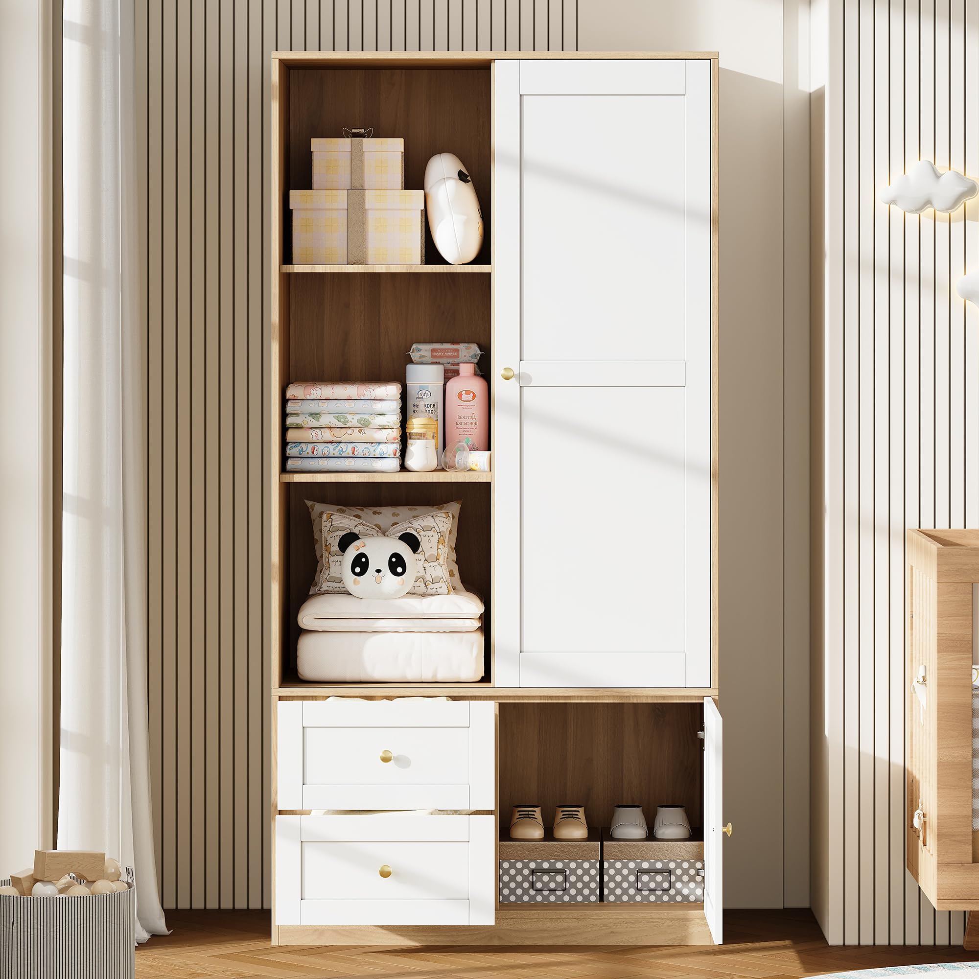 Armario con puertas correderas de madera blanca 90x50x180 cm, armario de puerta corredera multifunción con barra y cajones para dormitorio