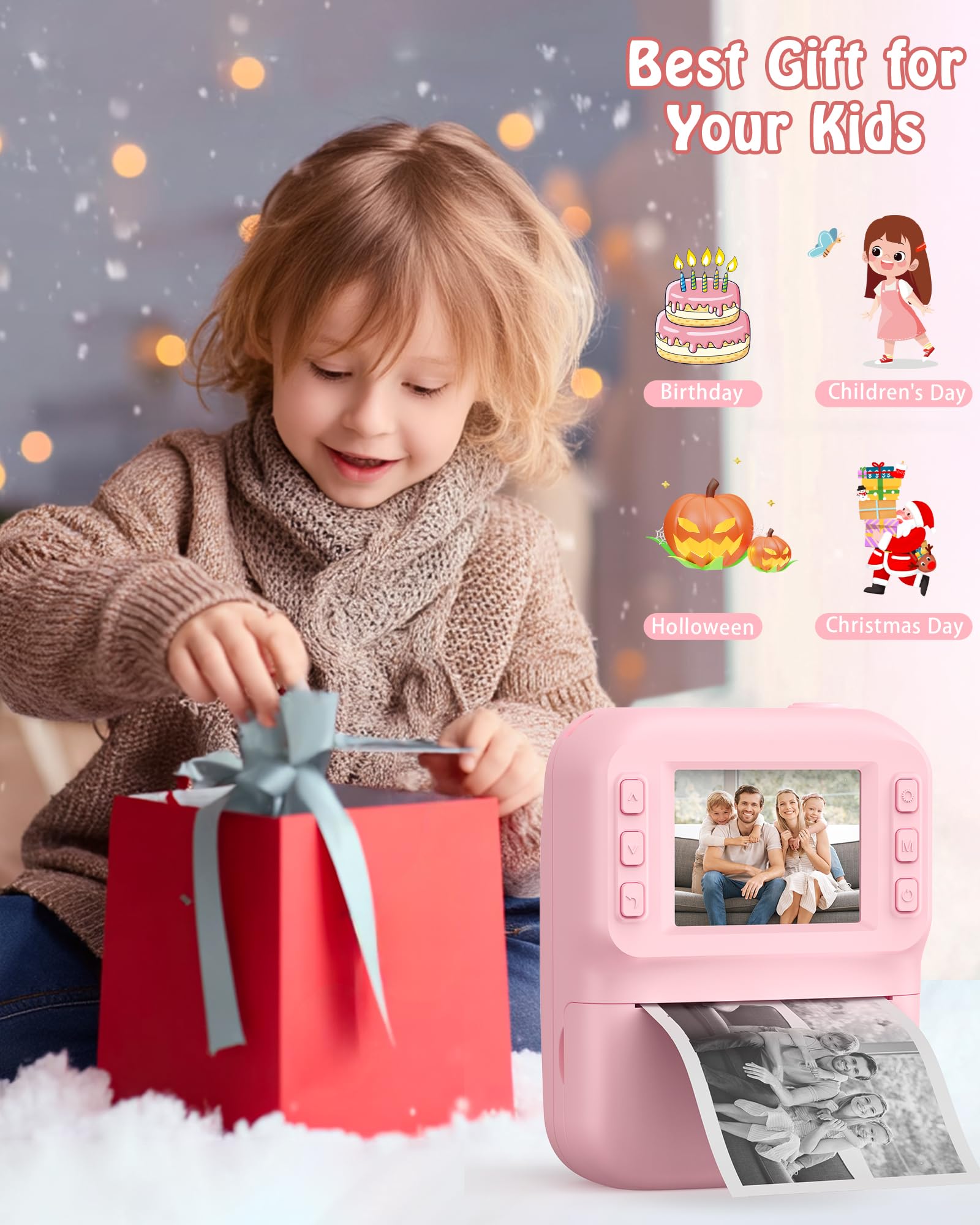 Macchina Fotografica Bambini, Schermo 2.4 HD Pollici e, Scheda da 32 GB e 3 Rotoli di Carta Fotografica, 1080P Macchina Fotografica Istantanea, Adatto Bambini dai 3 ai 12 Anni (Rosa)