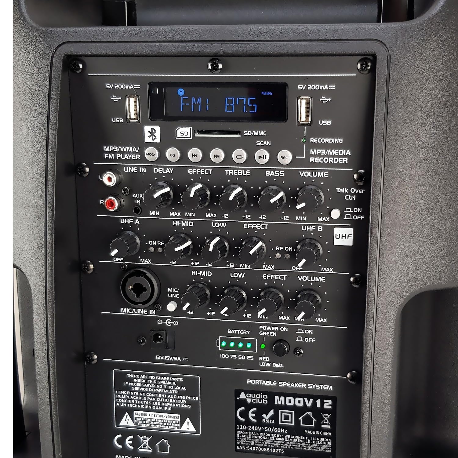 Audio club Enceinte Professionnel Portative 12" 350/700W - MOOV12 - USB Bluetooth Line Radio FM - Batterie - 2 Micros UHF