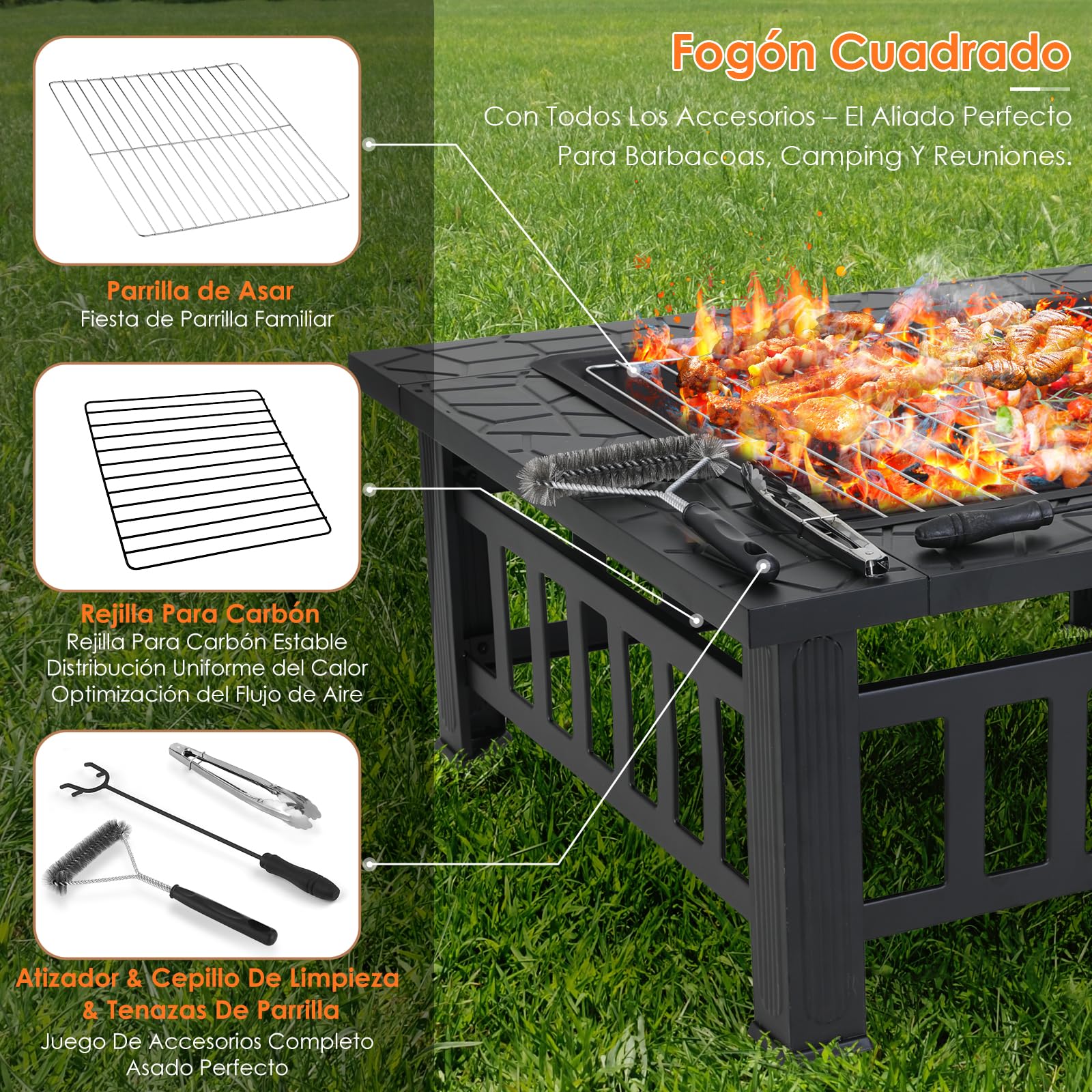 TLSUNNY Brasero Exterior Jardín 3 en 1, Metal Fire Pit con Protector | Brasero Cuadrado, Pozo de Fuego con Cubierta Impermeable, para Calefacción, Terraza,Barbacoa, Camping, 4 Pata, 81 x 81x 45 cm