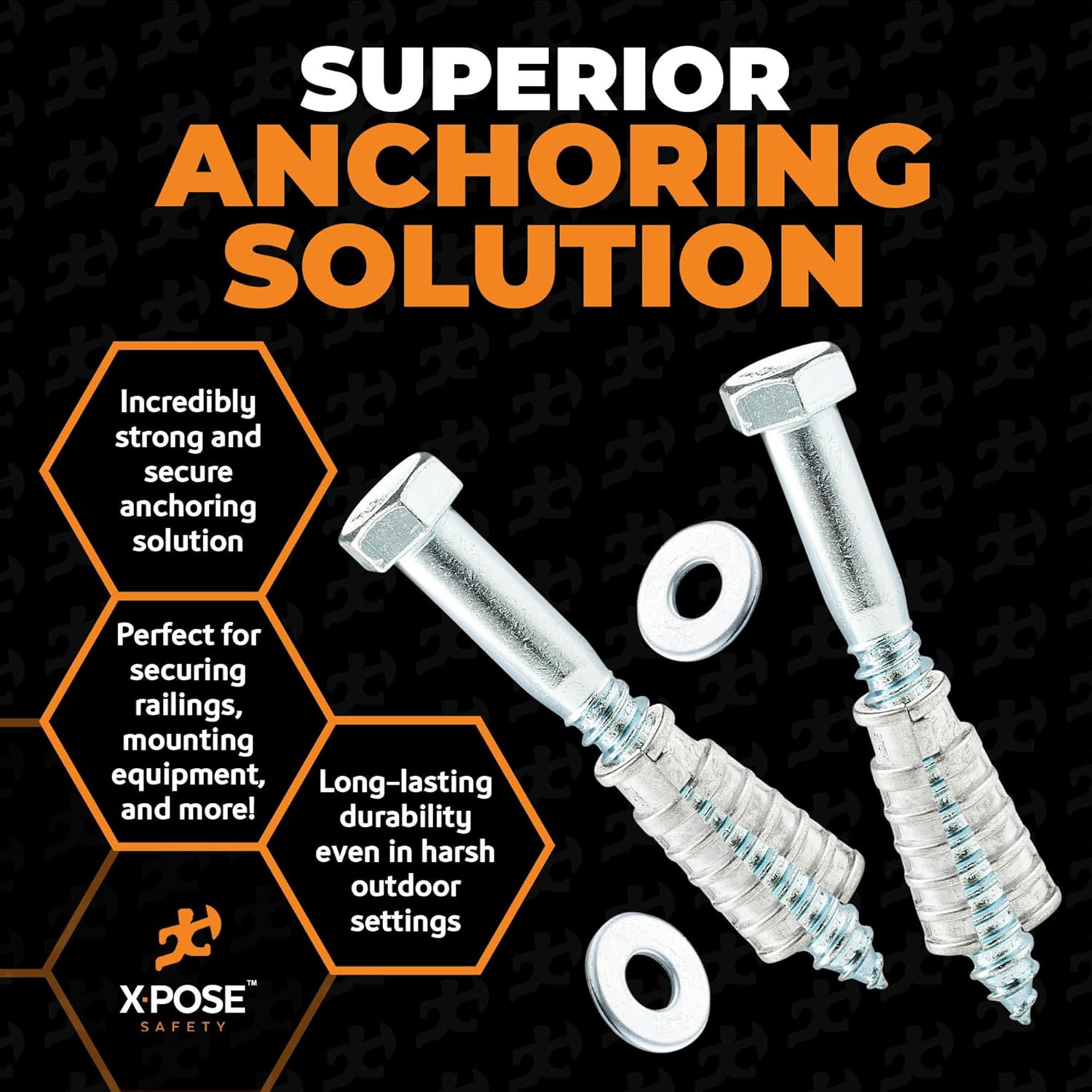 xpose safety Concrete Anchors Set with 4"" Lag Bolt, Lag Shield and Washer - 12 Sets per Pack - 1/2"" Bolt Lag Screws 4-Inch for Speed Bumps for Asphalt - Galvanized Steel Lag Bolts