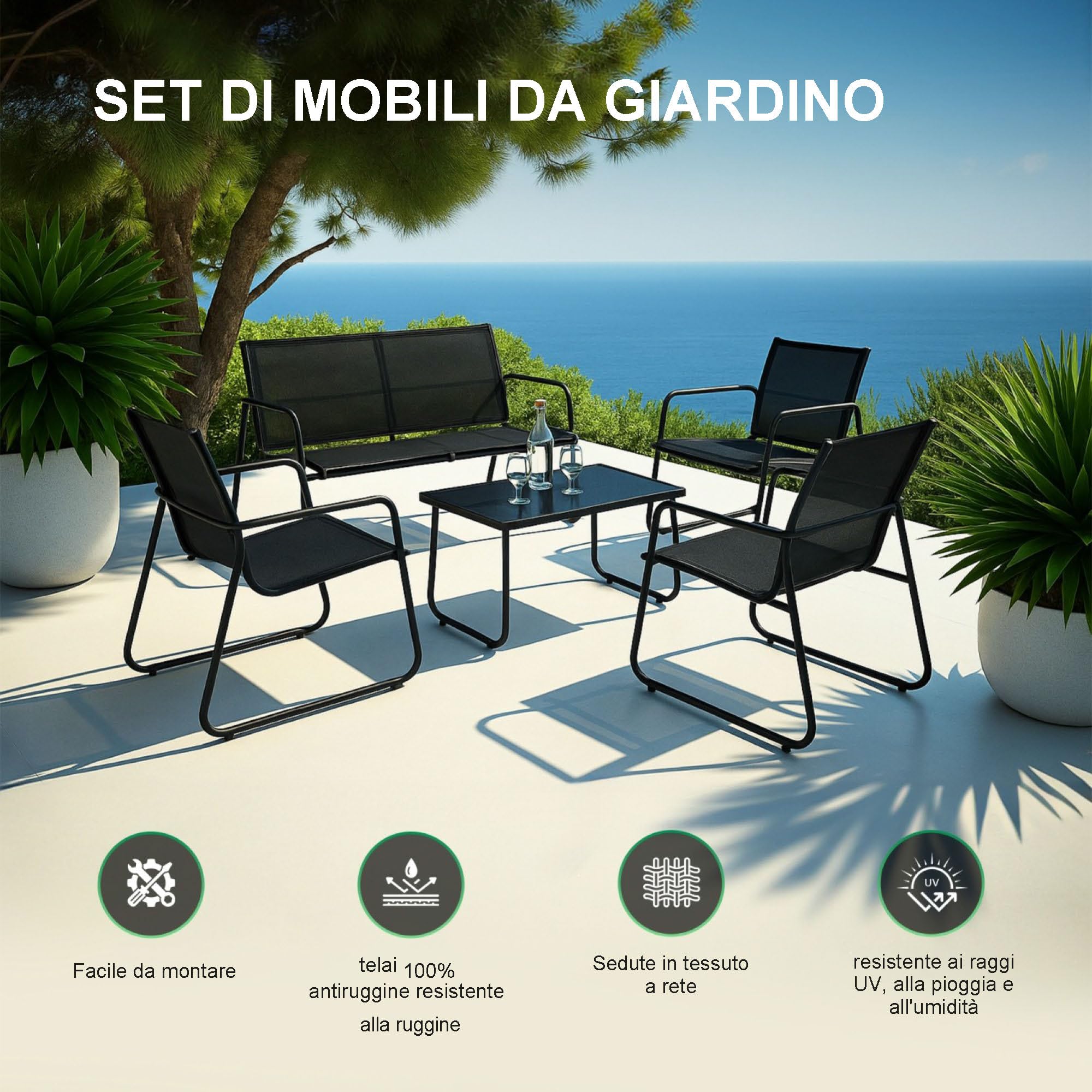 EXTRALINK Set di Mobili da Giardino – Set di mobili da balcone resistente alle intemperie, con divano a 2 posti, 2 sedie e tavolo, robusto telaio in acciaio e tessuto resistente ai raggi UV