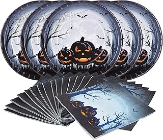 Gatherfun Halloween Party Supplies Anger Black Pumpkin Disposable 10 inch Big Paper Plates and Paper Napkins for Spooky Halloween Party Decorations Serve 50