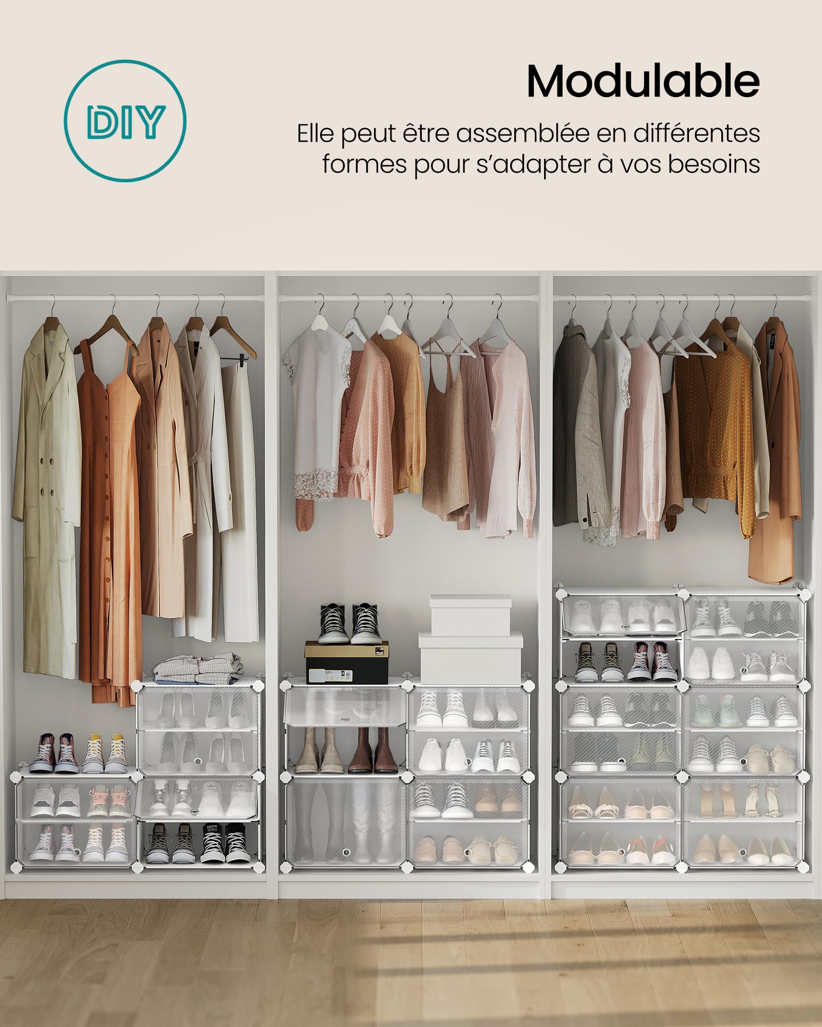 SONGMICS Étagère à Chaussures 10 Compartiments, Étagère de Rangement Modulable, Compartiment de 30 x 40 x 30 cm, Porte, Cadre en Acier, Plastique, pour Couloir, Chambre, Entrée, Blanc LPC035W01