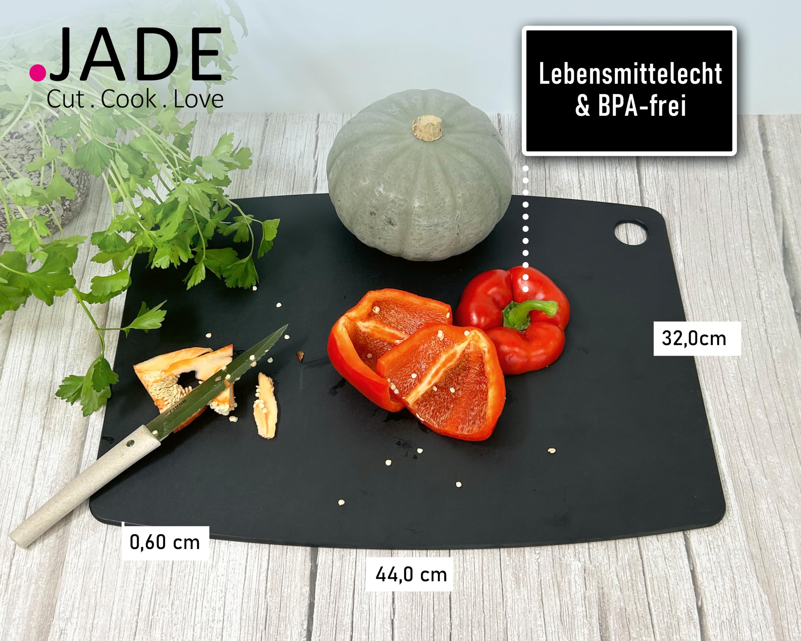 JADE Gourmet Kitchen - Tabla de cortar de fibra de madera laminada, 44 x 32,5 x 0,6 cm, con orificio para colgar, apta para todos los alimentos, apta para lavavajillas (44 x 32,5 cm)