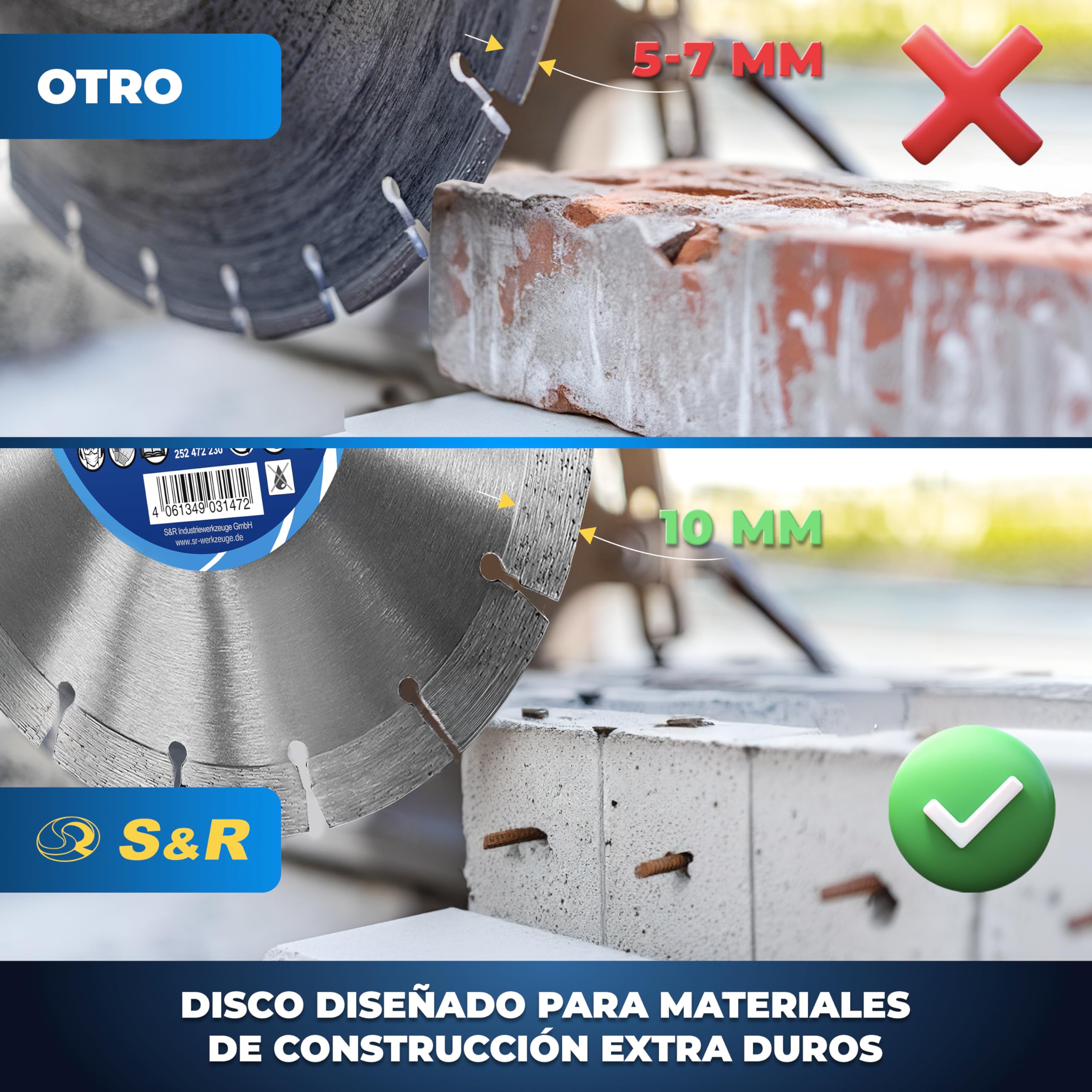 S&R Disco corte de Diamante 230 x 22,2 x 10 2,6 mm para Hormigón, Hormigón armado, Granito, Piedra natural, Ladrillo