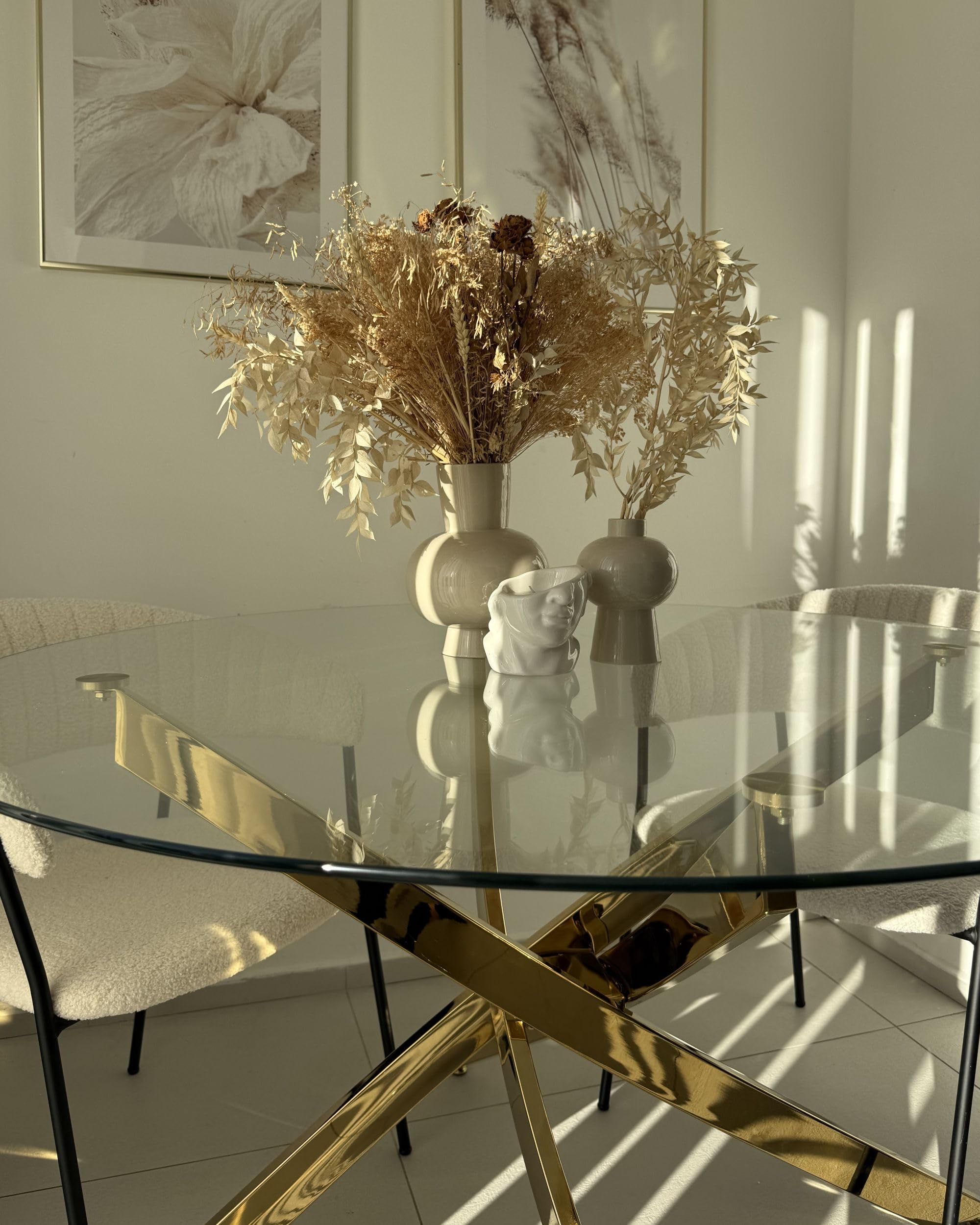 Beliani Mesa de Comedor Redonda Glamour ⌀120 cm Tablero de Vidrio Templado Patas Doradas Maramo