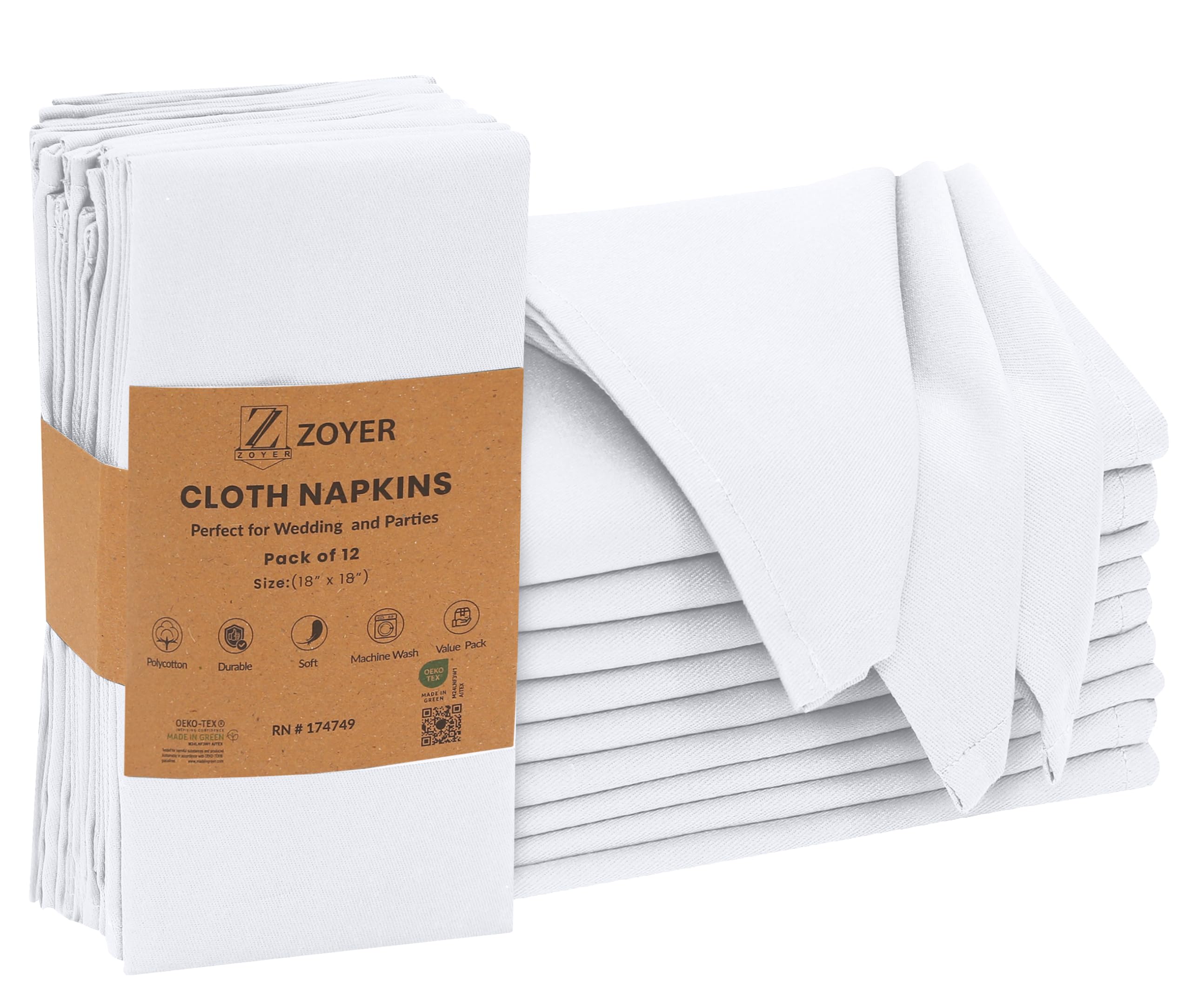 Zoyer Set di 12 tovaglioli di stoffa, 45 x 45 cm, in cotone, lavabili, morbidi e resistenti, per feste, matrimoni, Natale, Ringraziamento e uso quotidiano, colore: bianco