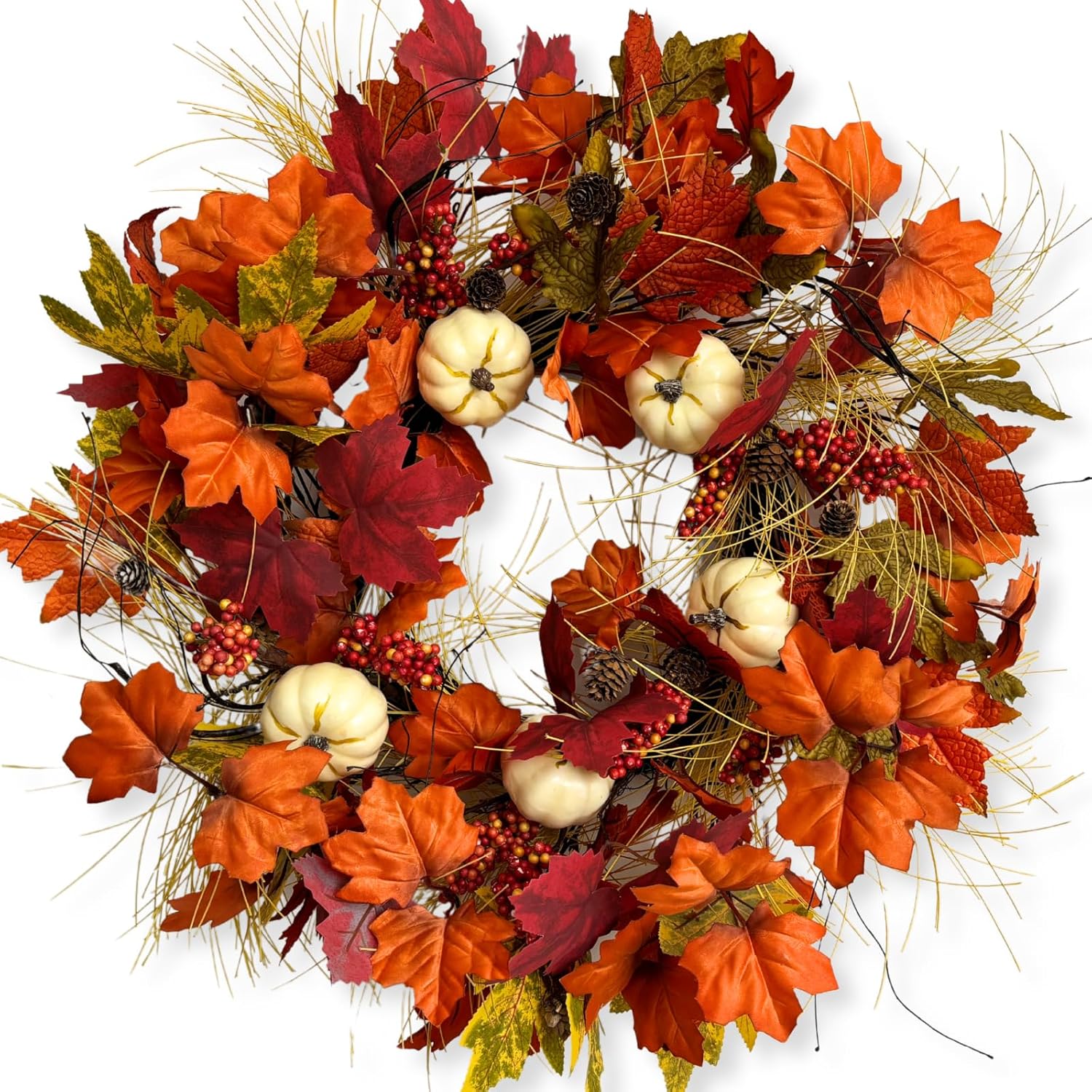 Fall Wreaths for Front Door,24 Inch Autumn Large Pumbkin Wreath with Berry,Maple Leaves and Pine Cone,Thanksgiving Harvest Festival Wreaths Indoor and Outdoor Wall, Window,Home Door Decor Orange