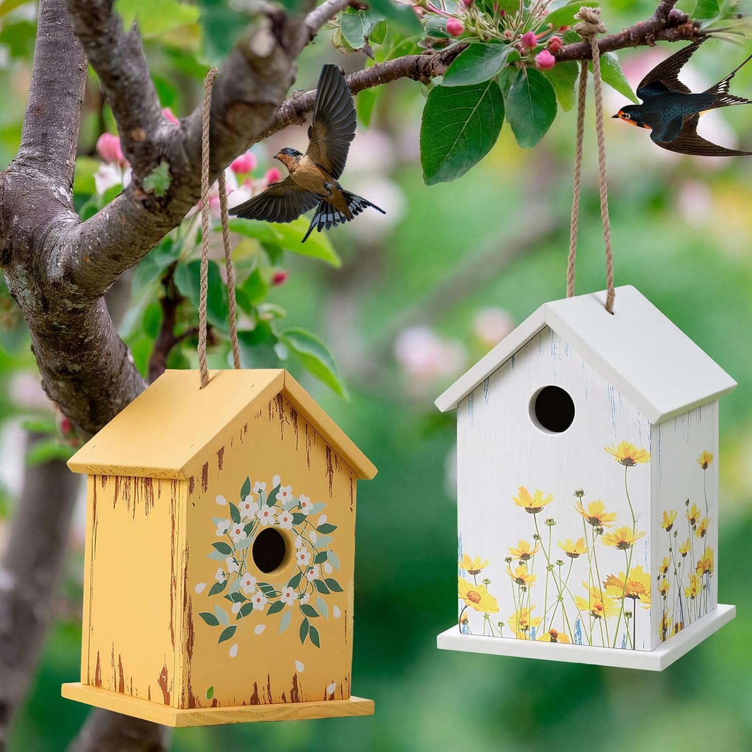 Thyle 2 Pack Wren Houses for Outside, 1.2 Inch Entrance Wooden Bird House Hanging Bird Nesting with Rope for Wren Chickadee, Hand Painted Floral Vintage Rustic Birdhouse for Garden Patio(Vintage)