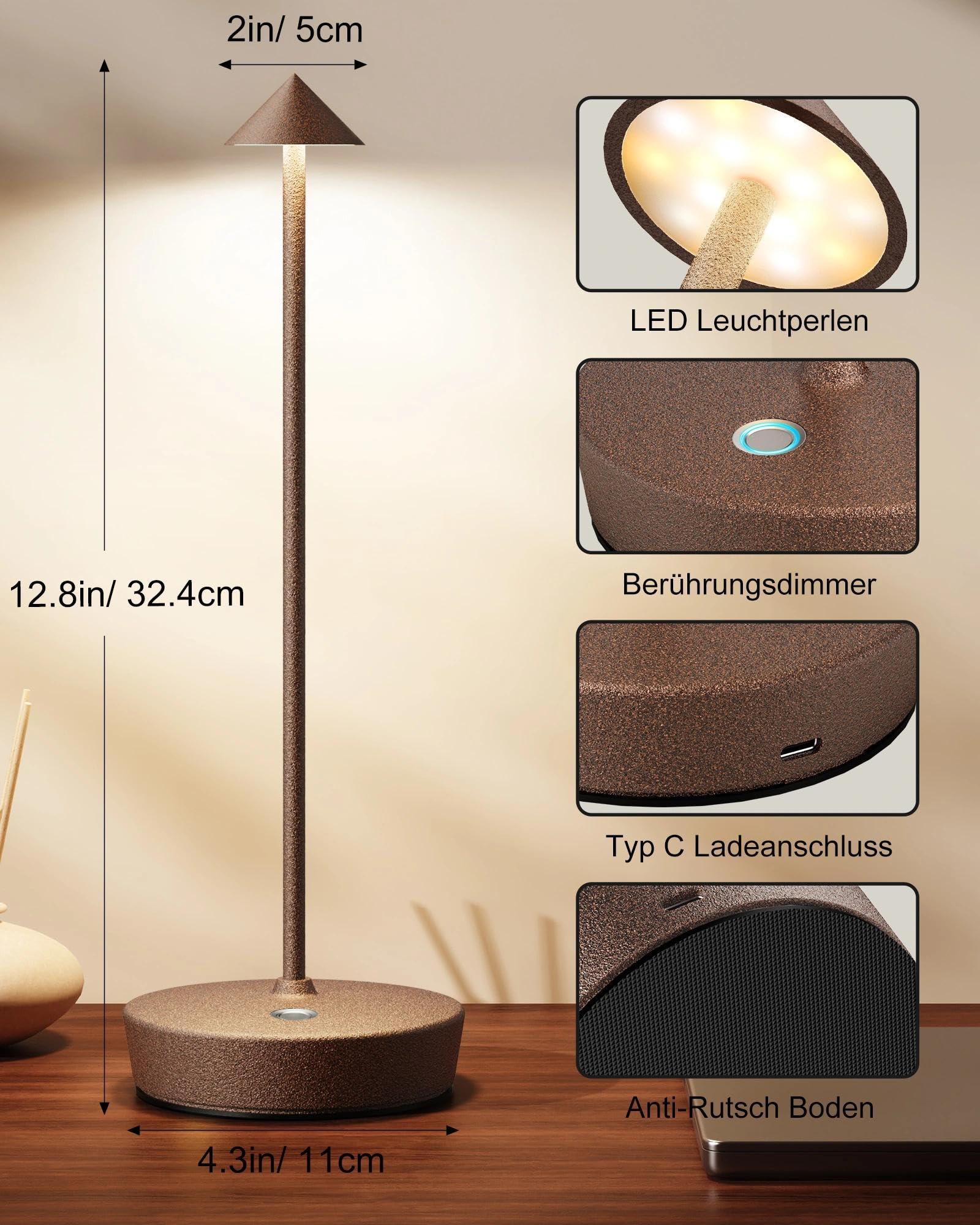 Kabellose Tischlampen Wiederaufladbar, 6000mAh Batterie Betrieben LED Schreibtisch Lampe Wasserdicht Tragbar Dimmbar Für Terrasse Restaurant Esszimmer Zuhause 2er Set Rost