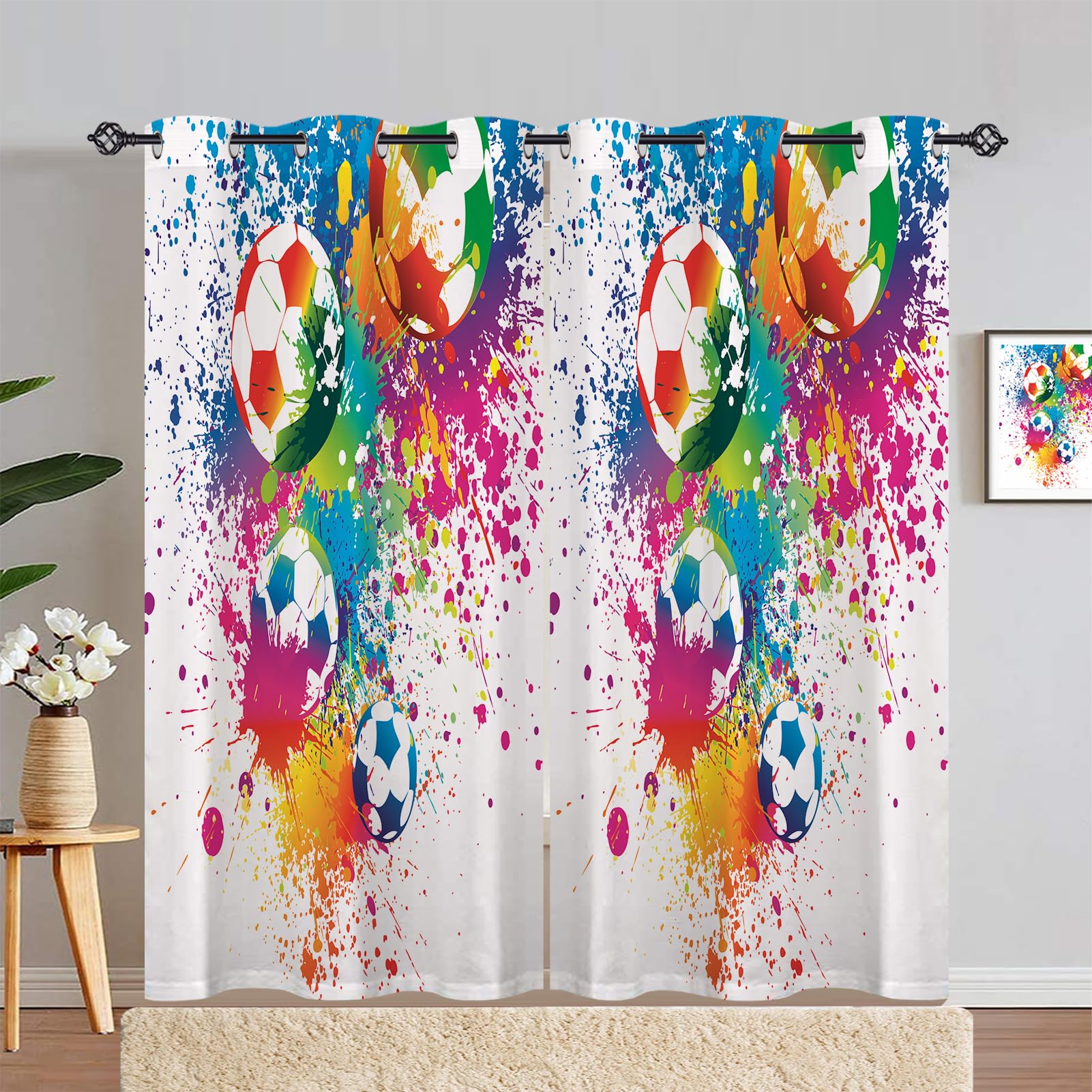 ANHOPE Football Curtains Eyelet Thermal Insulated Blackout Curtains Colorful Watercolor Soccer Ball Print Pattern Ring Top Drapes for Kids Boys Girls Bedroom Living Room 46 x 84 Inch Drop 2 Panels