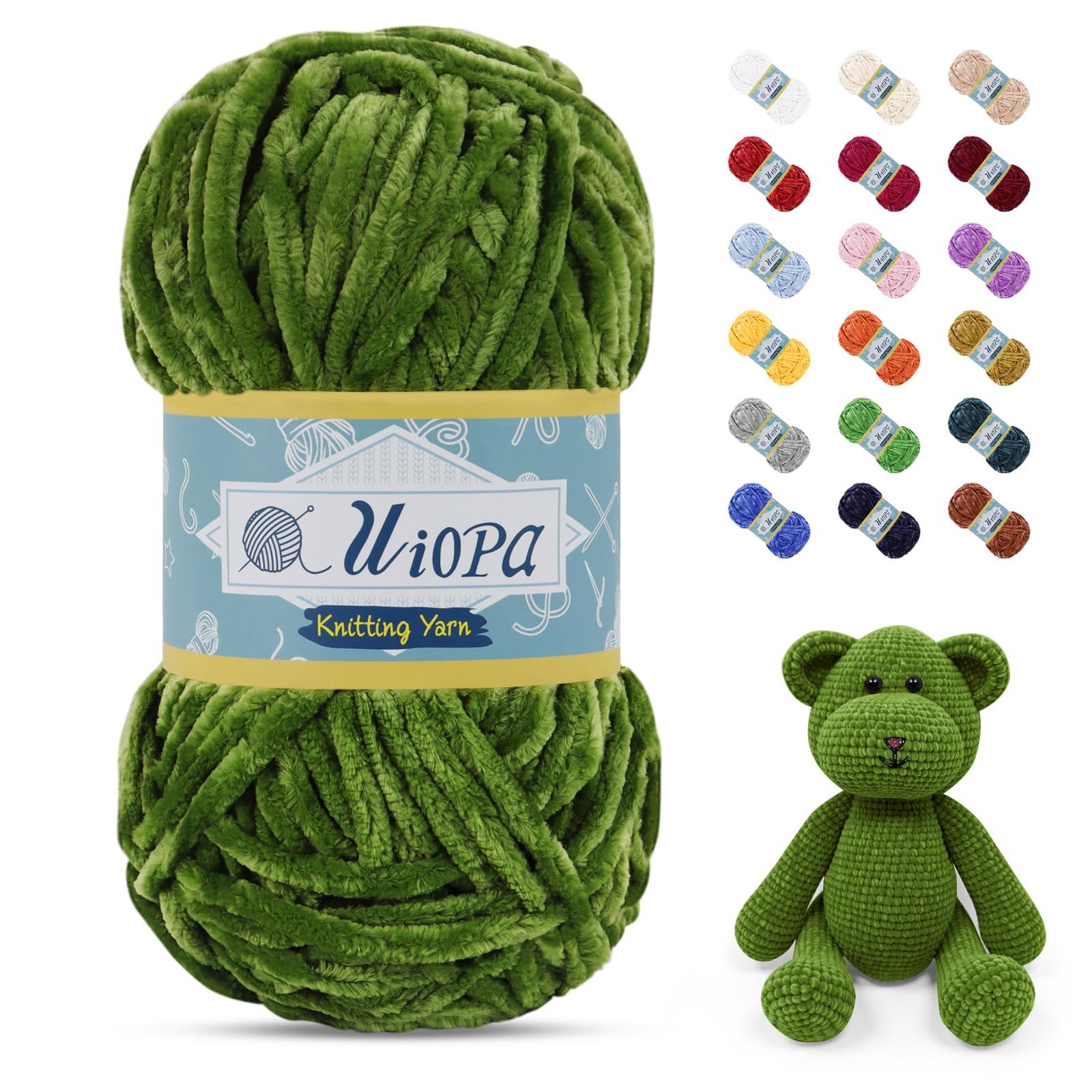 Uiopa 100g/80m Chunky Chenille Yarn, Plush Velvet Yarn Thick Chenille Wool, Green Fluffy Crochet Chunky Wool for Amigurumi Blankets Clothes DIY Crafts