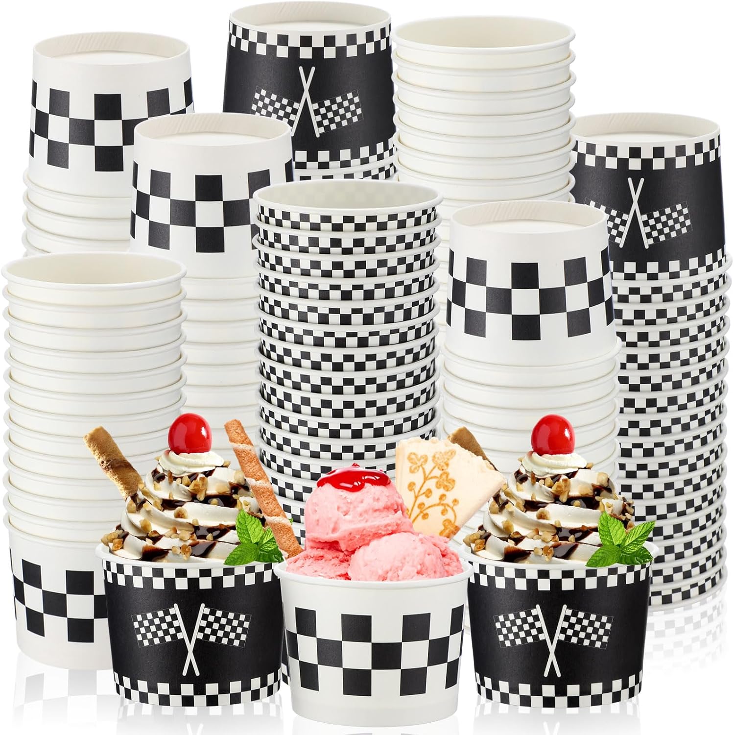 Honeydak 200 Pack Racing Car Ice Cream Cups Bulk 5 oz Small Disposable Treat Paper Cups Dessert Yogurt Bowls Snacks Sundae Yogurt Container for Summer Wedding Birthday Party Supplies