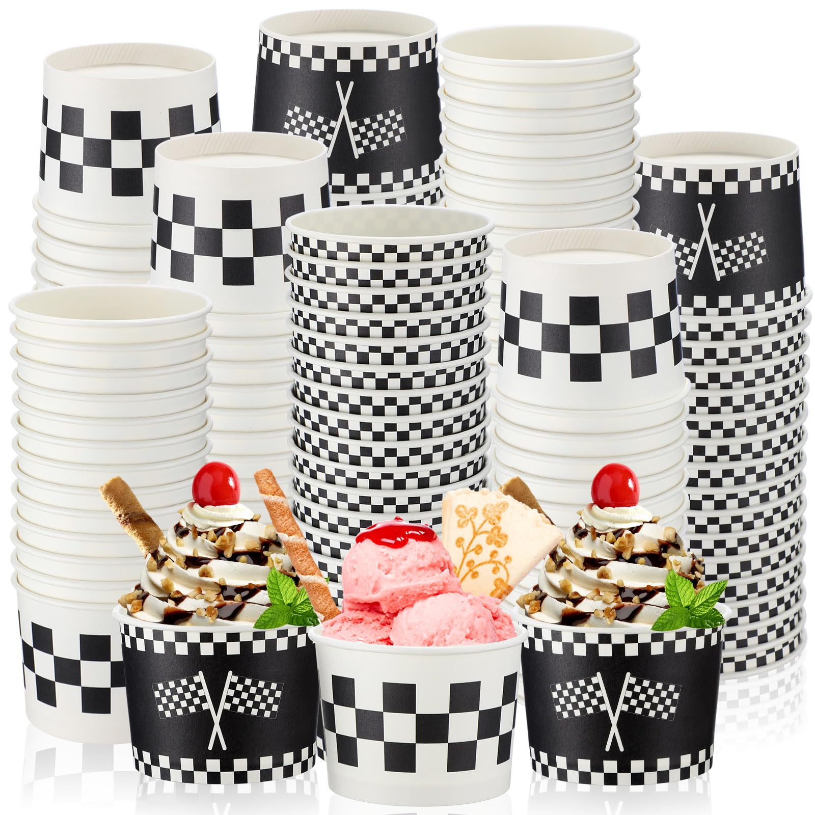 Honeydak 200 Pack Racing Car Ice Cream Cups 5oz Black White Disposable