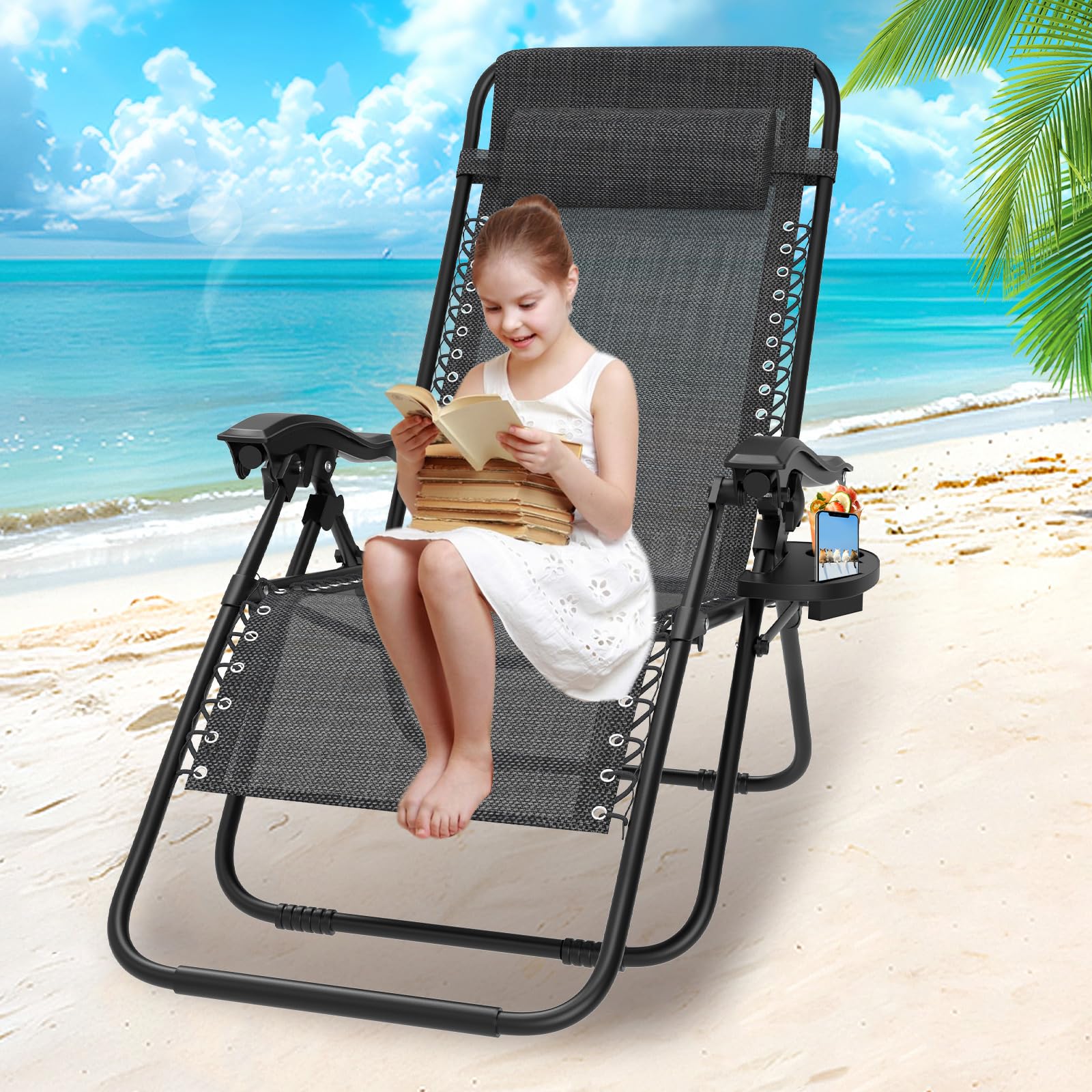Chaise Longue Pliante，Bain de Soleil，Fauteuil Relax Jardin avec Repose-Tête et Porte-Gobelet,Inclinables，Transat de Plage，Chaise de Camping，Transat de Relaxation pour Patio Jardin Plage，Noir