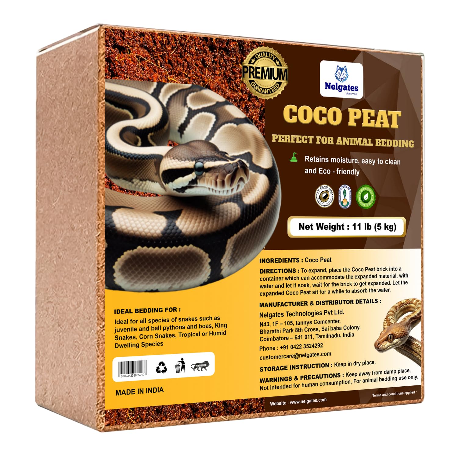 Nelgates Coco peat Block for Animal Bedding pet Products Dogs, Cats Reptiles Snakes Chicken Bird 5kg