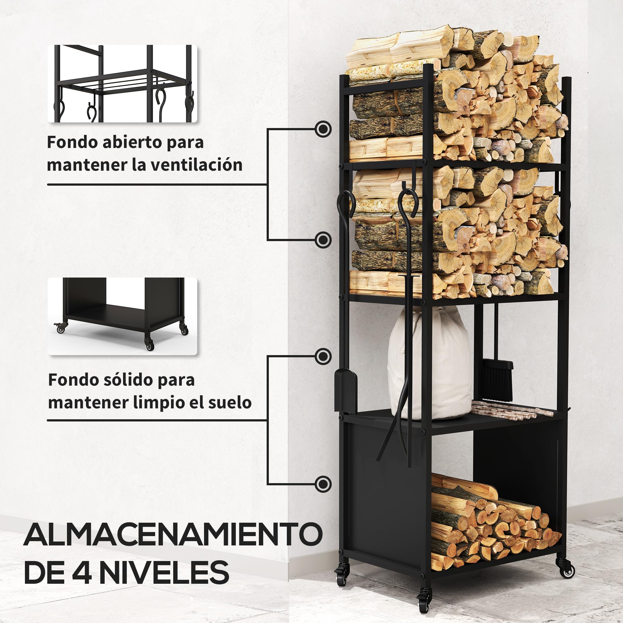 Outsunny Leñero con Ruedas Soporte para Leña de 4 Niveles Estante de Leña con Pala Atizador Cepillo Tenazas para Interior y Exterior 45x30x118 cm Negro