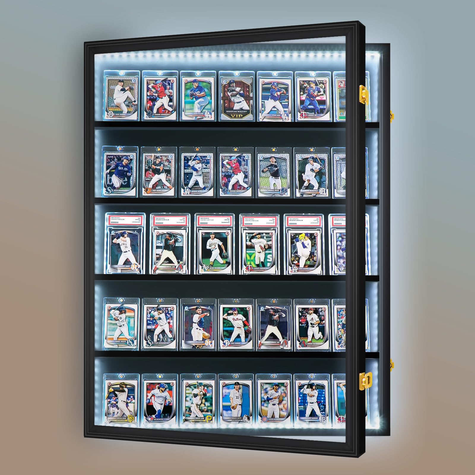 Espositore per carte da baseball, 5 ripiani, con serratura, espositore per carte collezionabili con protezione UV, espositore per carte sportive, per carte da baseball, carte da calcio, carte