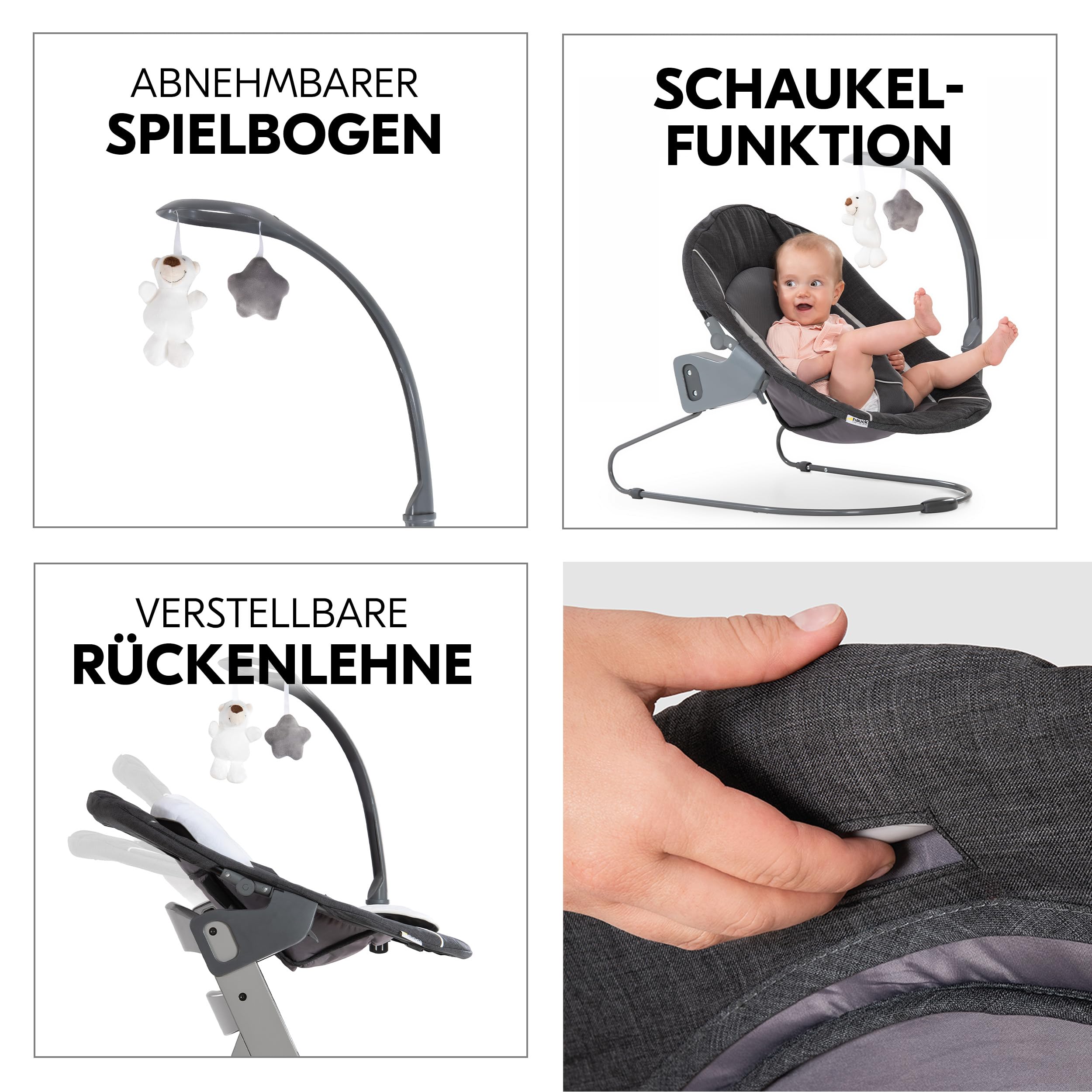 hauck Alpha+ Hochstuhl Newborn Set mit Deluxe Bouncer - Grau | Mitwachsender Holz Kinderhochstuhl ab Geburt bis 90 kg | inkl. Neugeborenenaufsatz & Sitzkissen