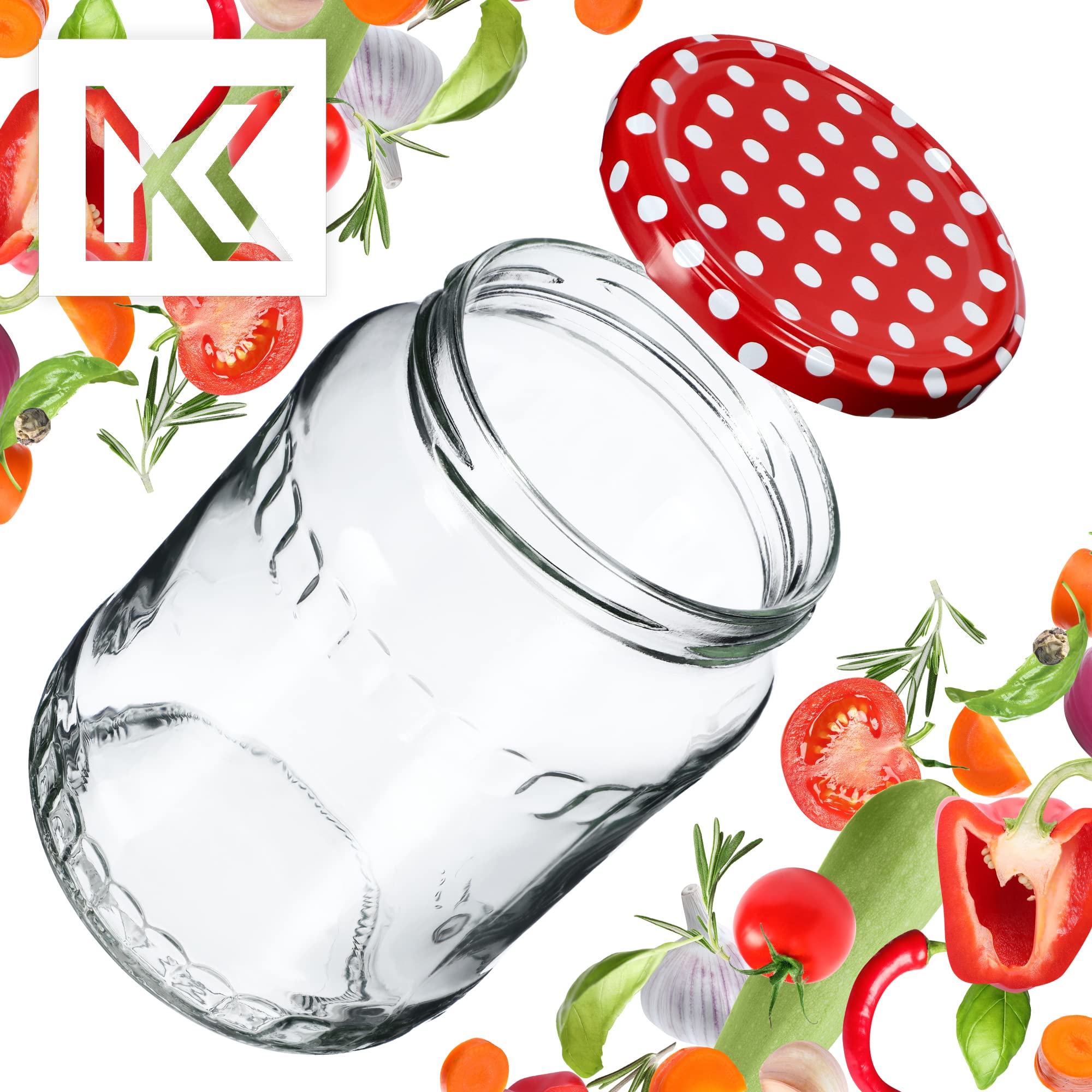 KADAX Lot de 48 Grands bocaux en Verre 720ml Ø82 à Pois Rouges – Couvercle Twist-Off hermétique TO82 – pour conserves, cornichons, légumes fermentés & confitures Maison
