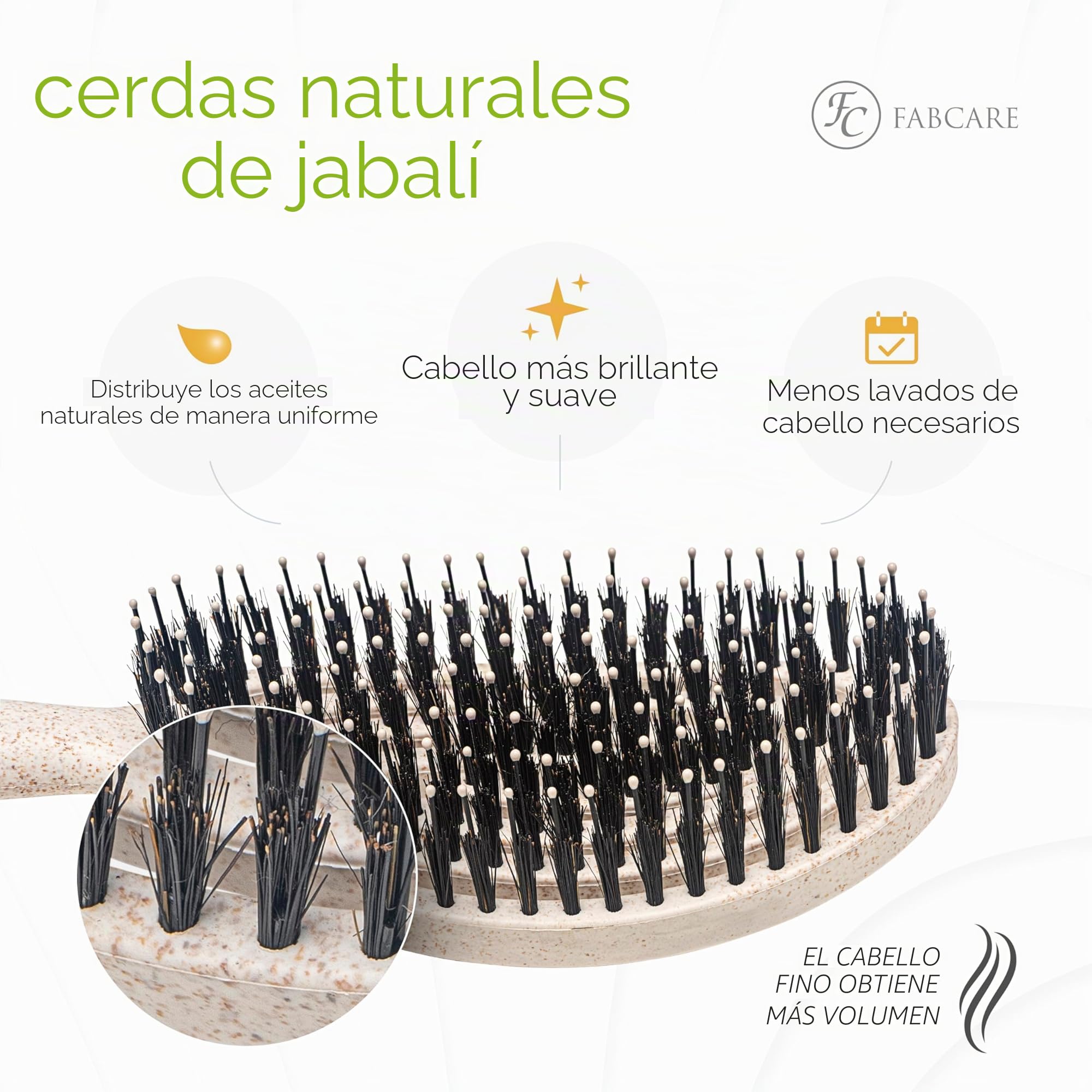 FABCARE Cepillo Cerdas Jabalí, Desenredante Sin Tirones, Peine Antitirones, Pelo Liso y Rizado, Alisador Antirotura Profesional, Ideal para Cuidado Capilar y Estilo Natural (Beige)