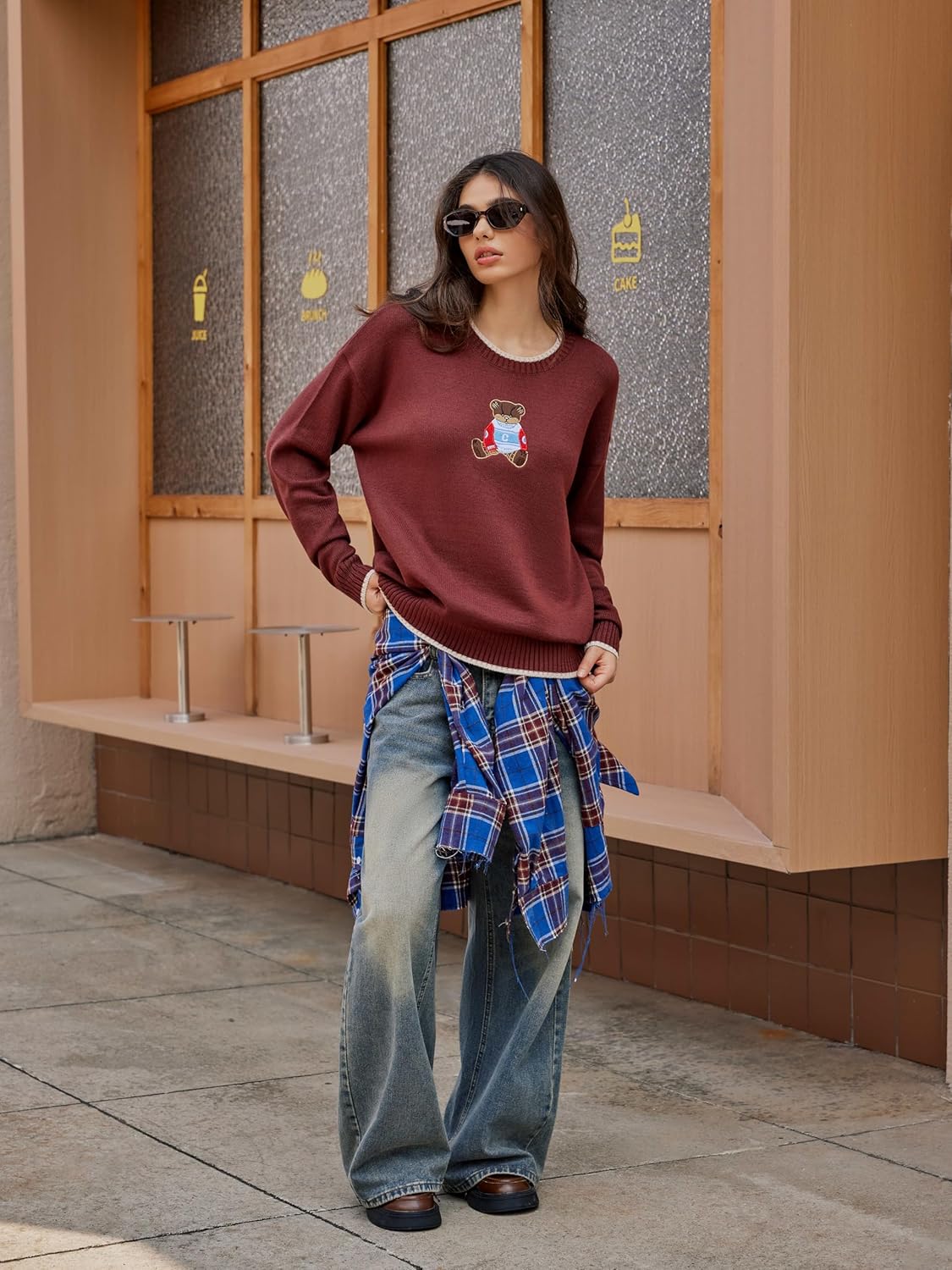 CIDER Women's Fall Sweaters Long Sleeve Cute Sweaters Bear Graphic Crewneck Soft Knit Casual Cropped Pullover - Image 5