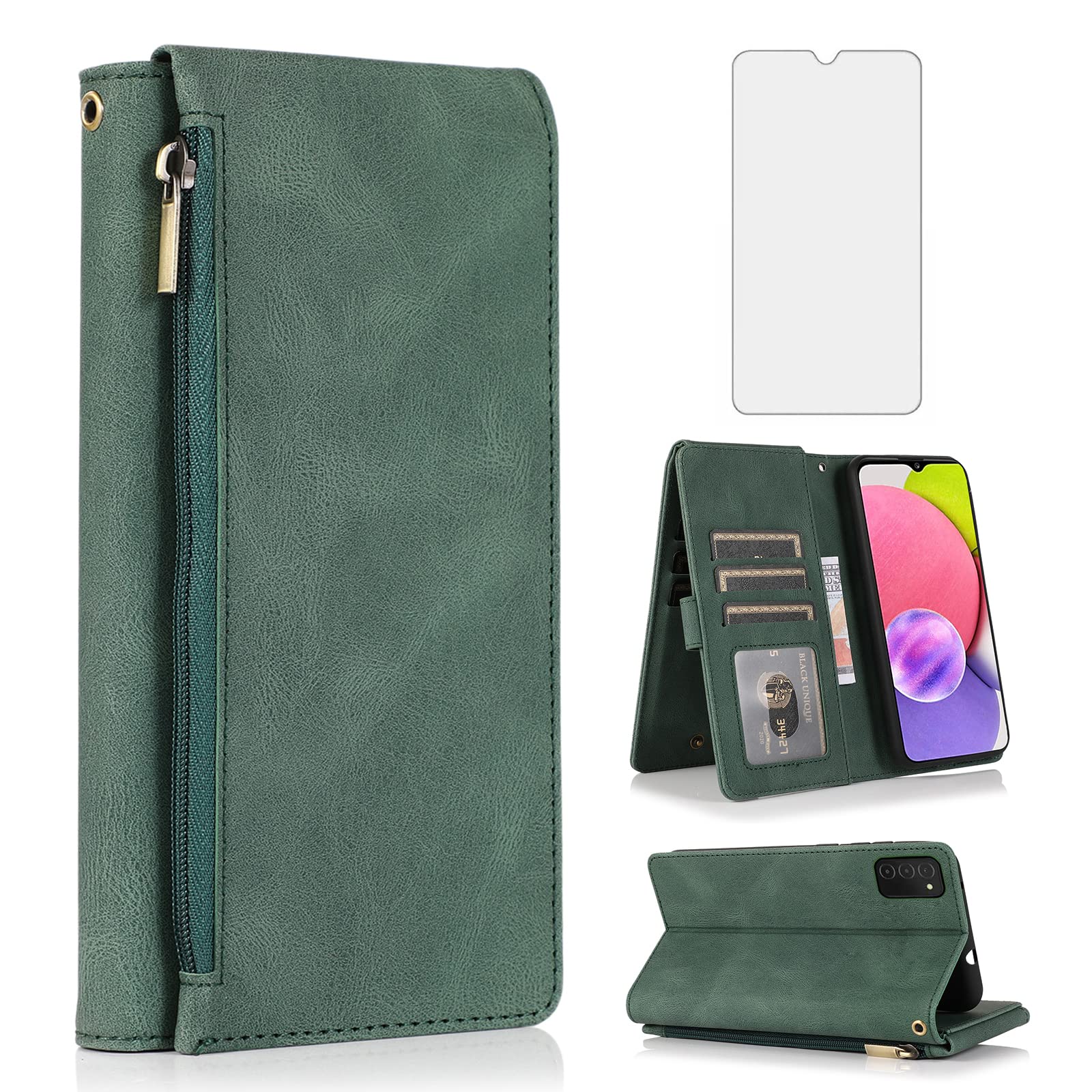 Étui cuir Galaxy A03s 5G zippé vert avec protection d'écran intégrée - 8