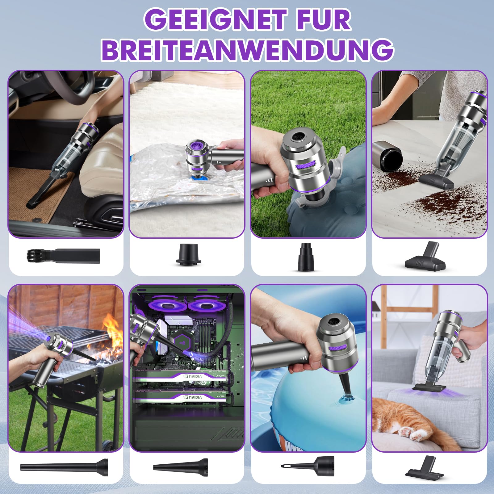 4-in-1 Handstaubsauger Akku,Auto Staubsauger Stark,28000PA Handstaubsauger Kabellos,3-Gang 240000 U/min Elektrische Staubgebläse Druckluftspray für Auto,Küche,PC,Sofa,Büro,Haus& Tierhaar Reinigung.