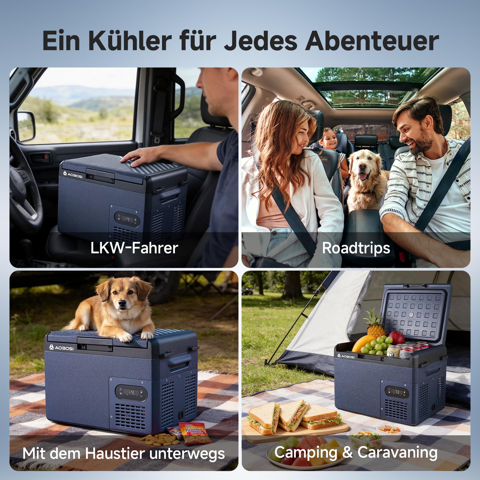 AAOBOSI Kompressor Kühlbox 15L, Tragbare Elektrische Kühlbox 12V/230V, IPX4 Wasserdicht, -20°C bis 20°C - Ideal für Auto, LKW, Boot, Camping, Reisen, Fischen, Garten & Outdoor-Aktivitäten